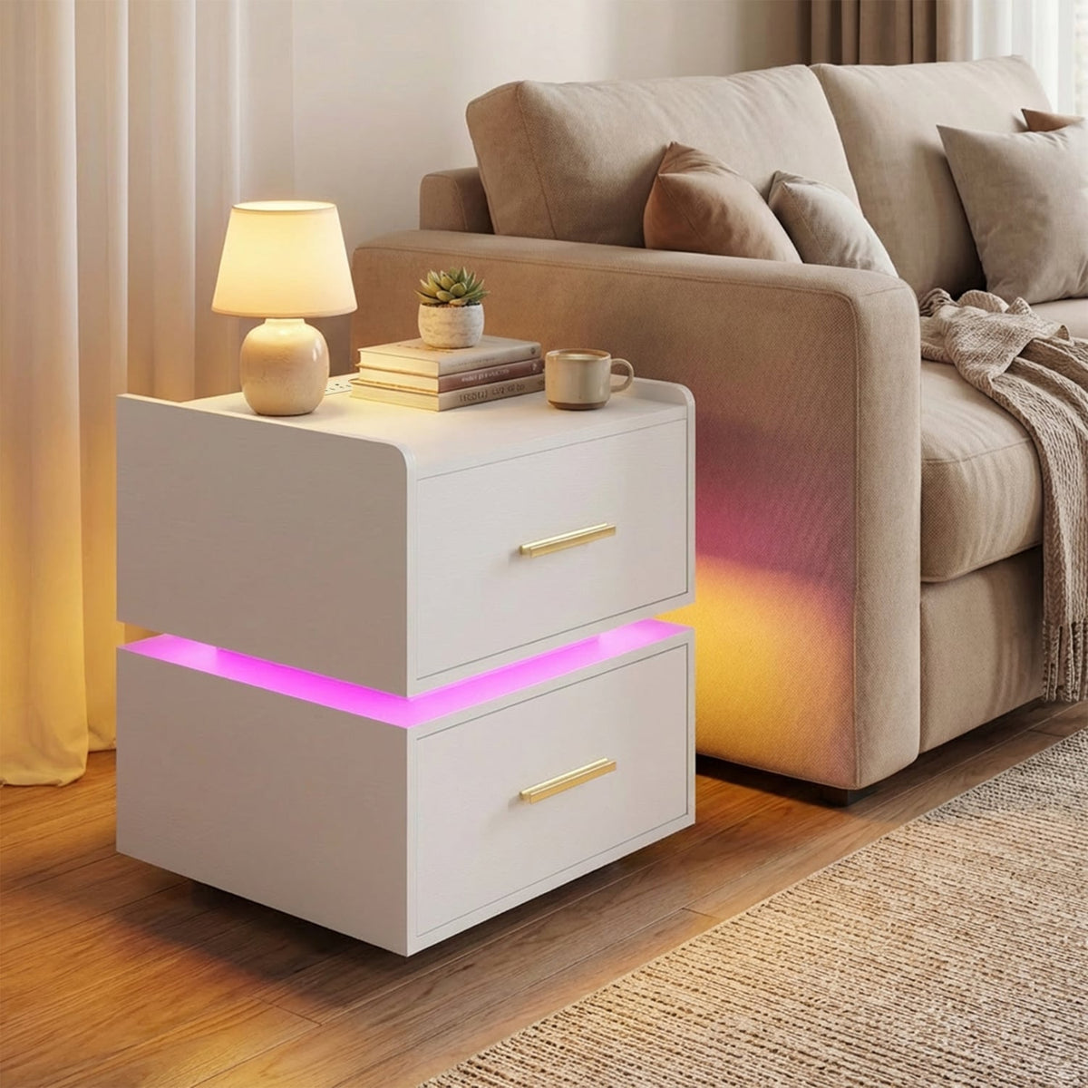 Nightstand with Charging Station LED Bedside Table with 2 Storage Drawers-White-Nightstands-DECOROLALA