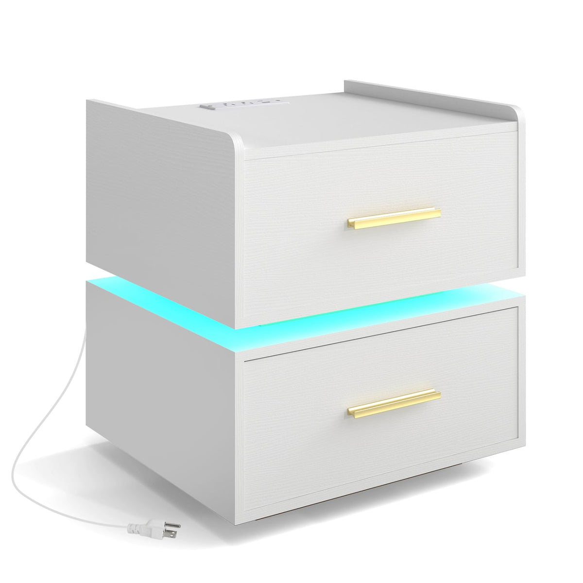 Nightstand with Charging Station LED Bedside Table with 2 Storage Drawers-White-Nightstands-DECOROLALA