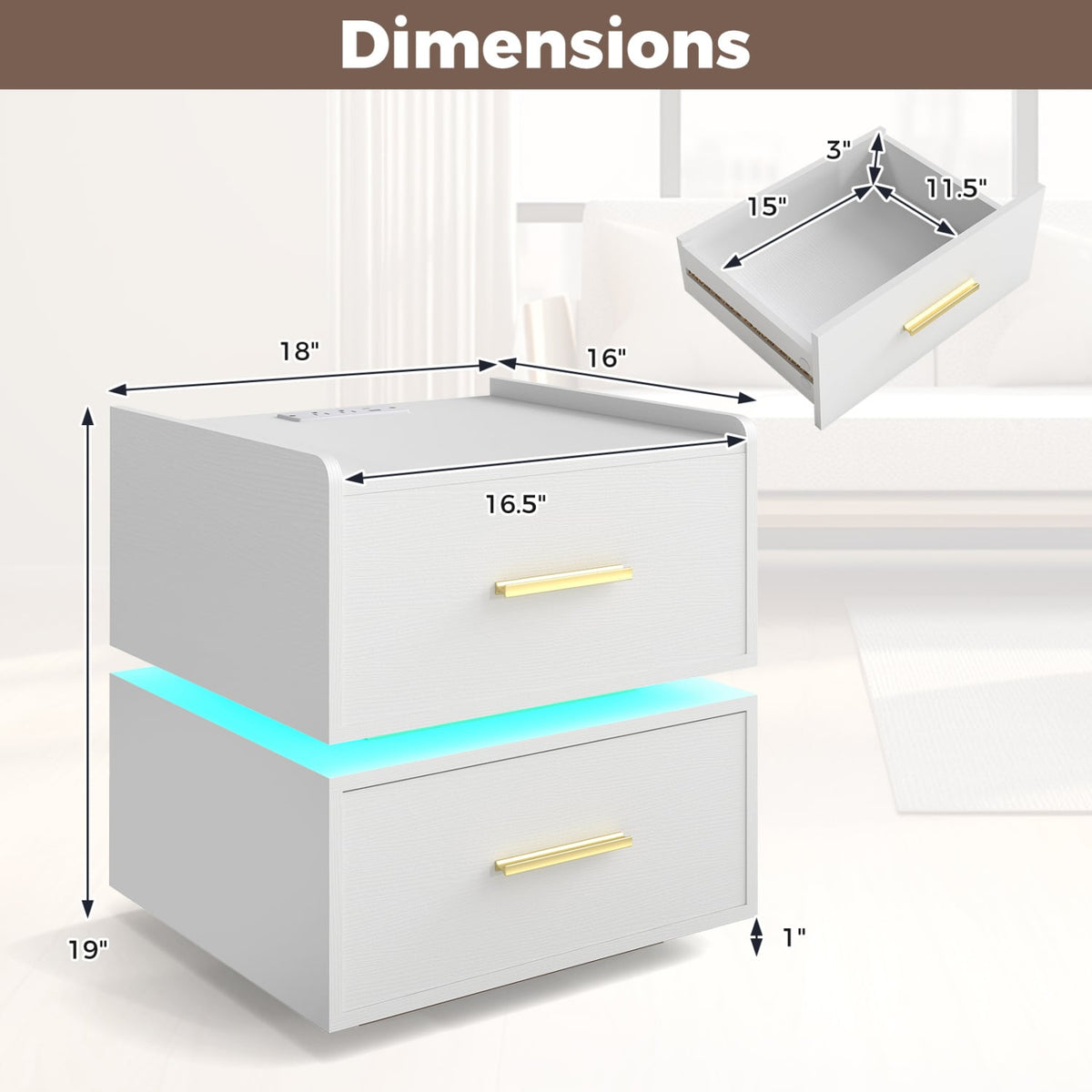 Nightstand with Charging Station LED Bedside Table with 2 Storage Drawers-White-Nightstands-DECOROLALA