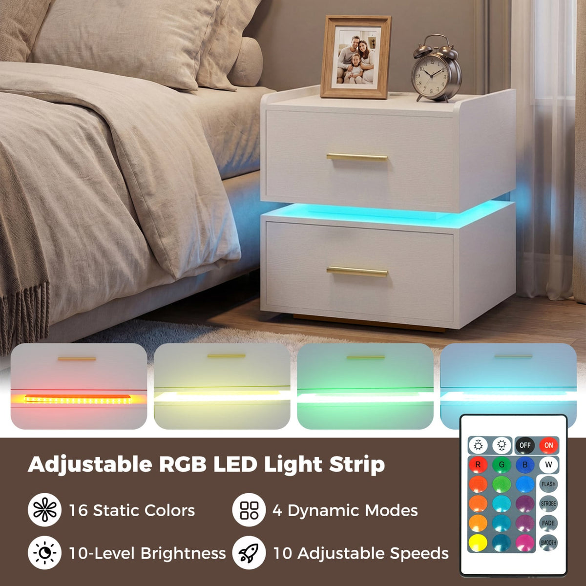 Nightstand with Charging Station LED Bedside Table with 2 Storage Drawers-White-Nightstands-DECOROLALA