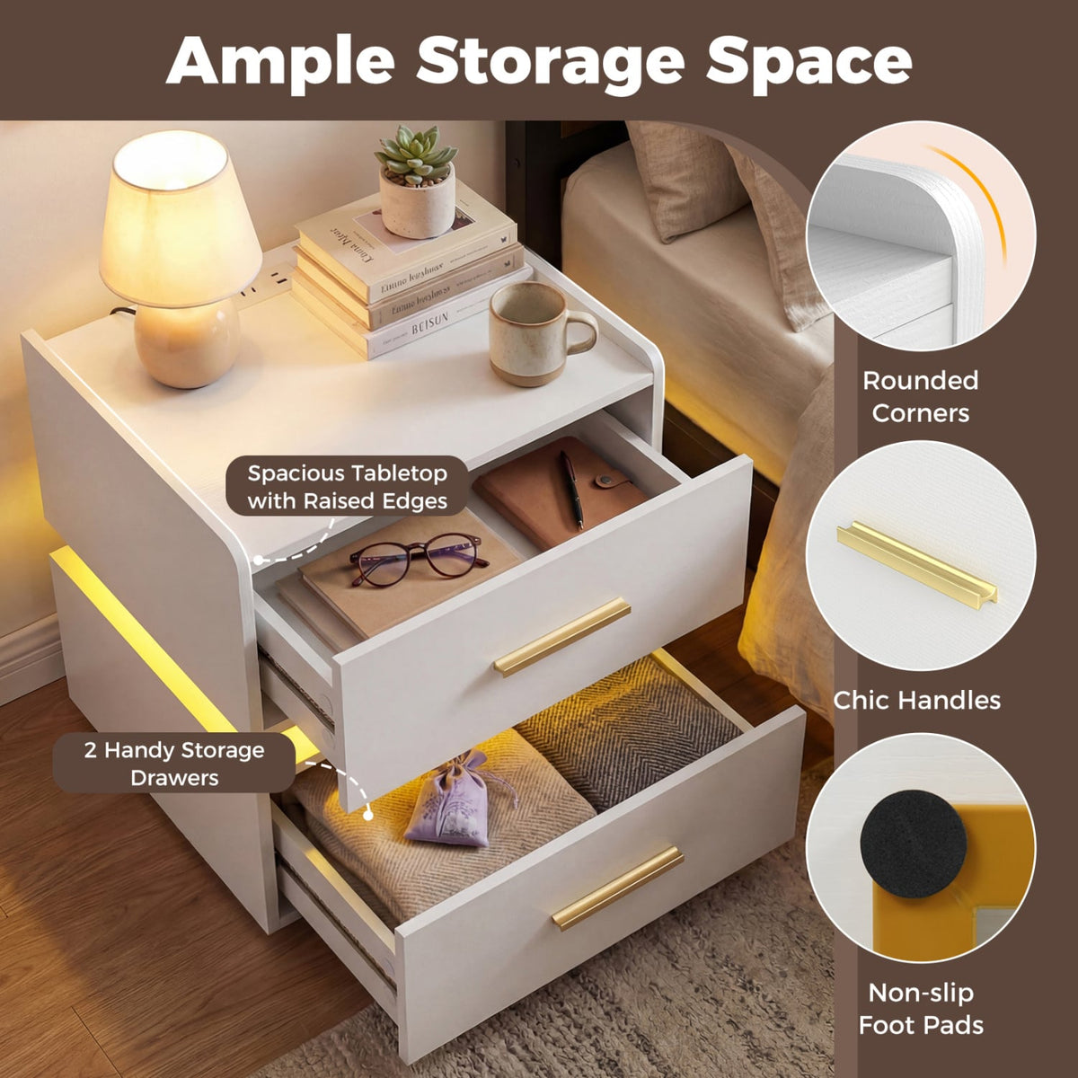 Nightstand with Charging Station LED Bedside Table with 2 Storage Drawers-White-Nightstands-DECOROLALA