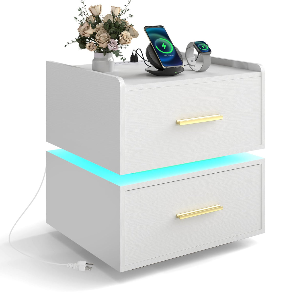 Nightstand with Charging Station LED Bedside Table with 2 Storage Drawers-White-Nightstands-DECOROLALA