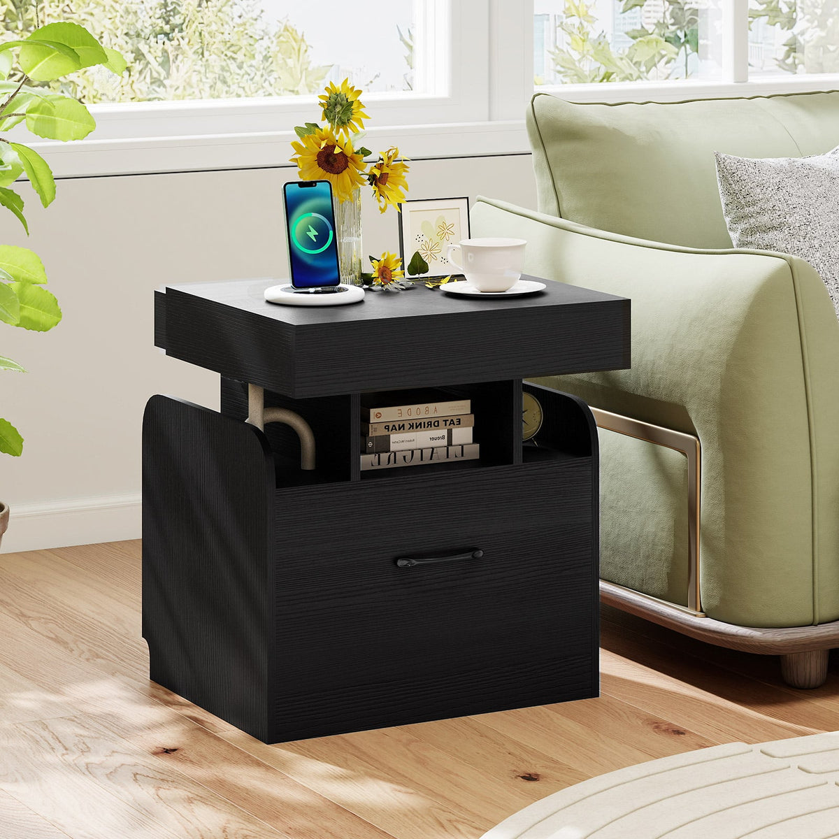 Nightstand with Charging Station Modern Bedside Table for Living Room Bedroom Office-Black-Nightstands-DECOROLALA