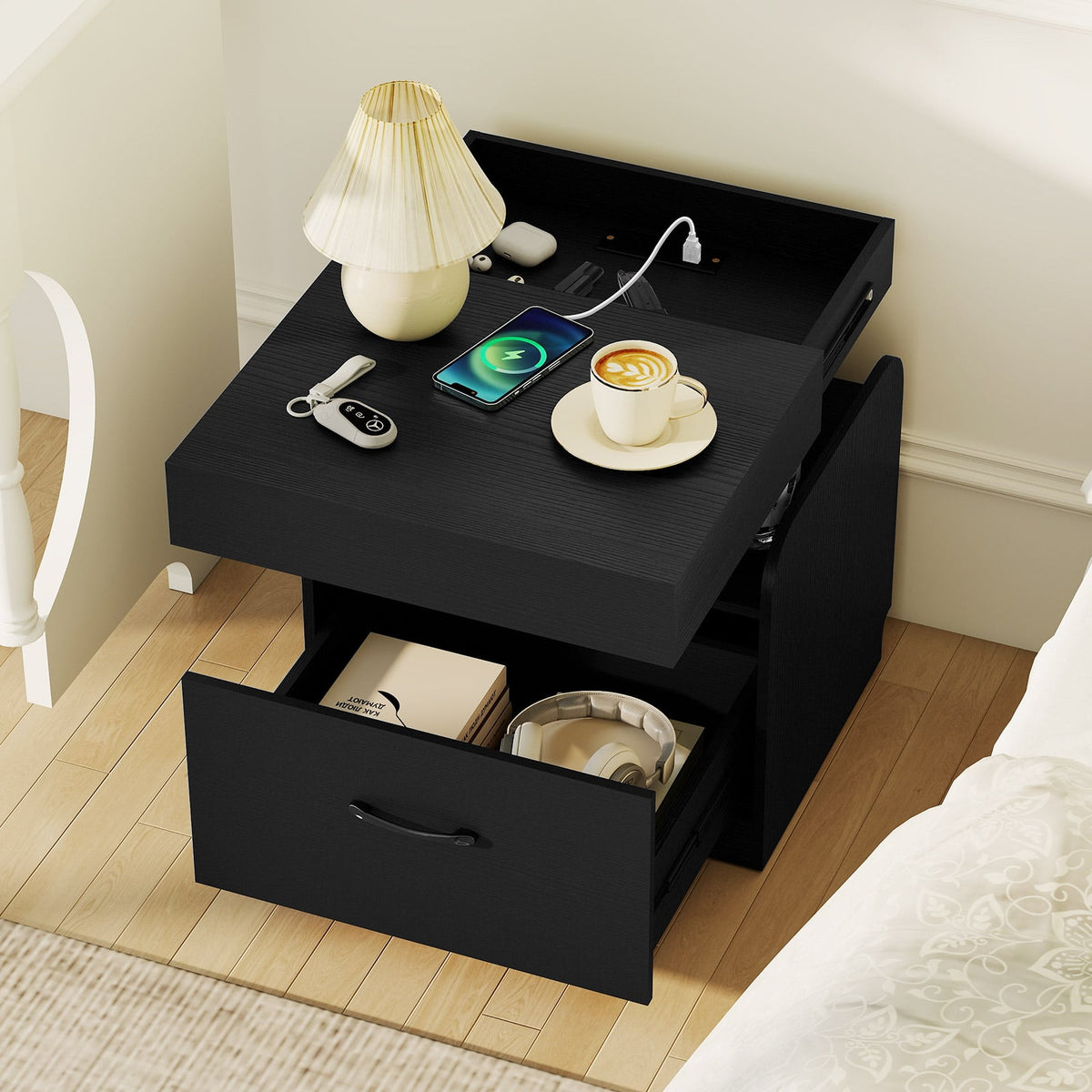 Nightstand with Charging Station Modern Bedside Table for Living Room Bedroom Office-Black-Nightstands-DECOROLALA