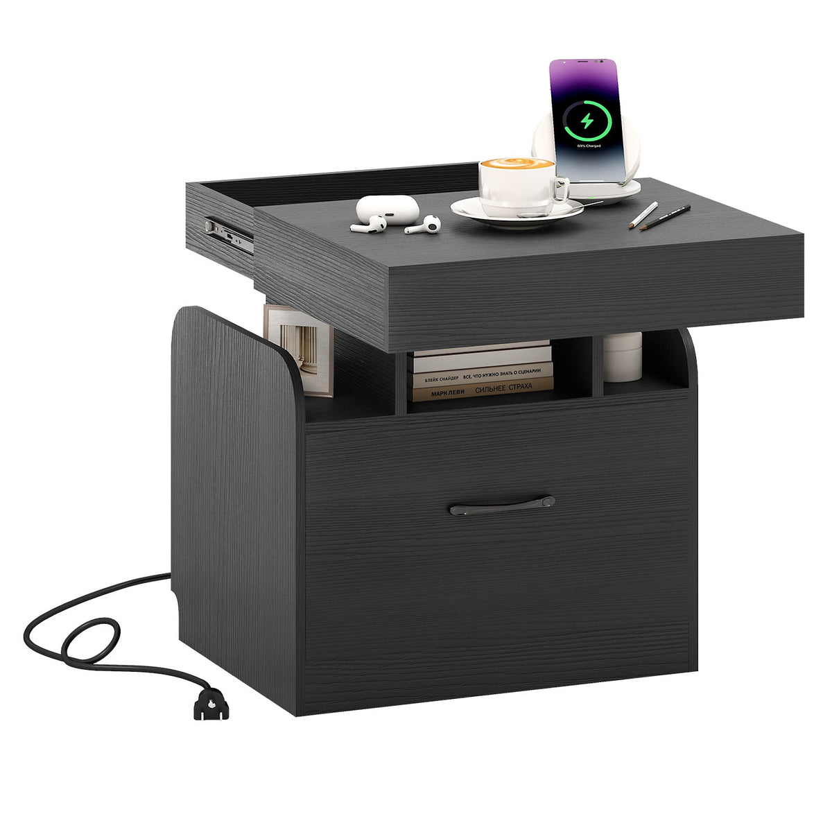Nightstand with Charging Station Modern Bedside Table for Living Room Bedroom Office-Black-Nightstands-DECOROLALA