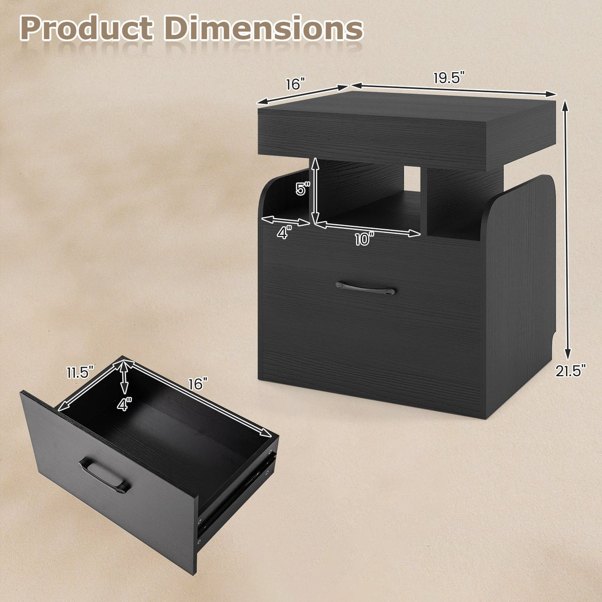 Nightstand with Charging Station Modern Bedside Table for Living Room Bedroom Office-Black-Nightstands-DECOROLALA