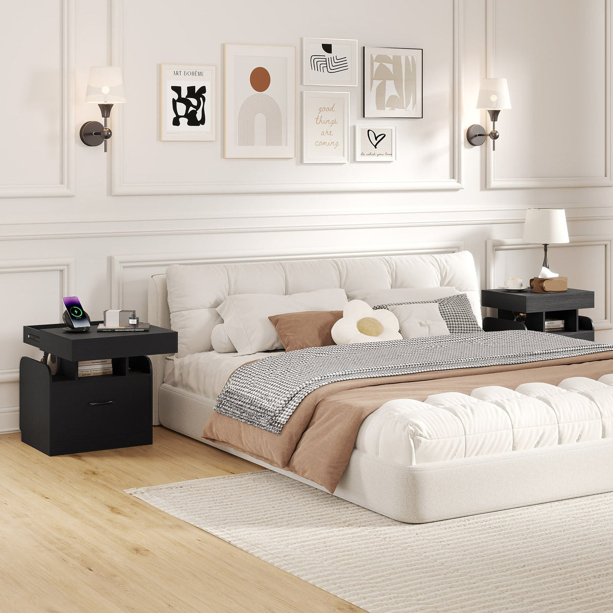 Nightstand with Charging Station Modern Bedside Table for Living Room Bedroom Office-Black-Nightstands-DECOROLALA