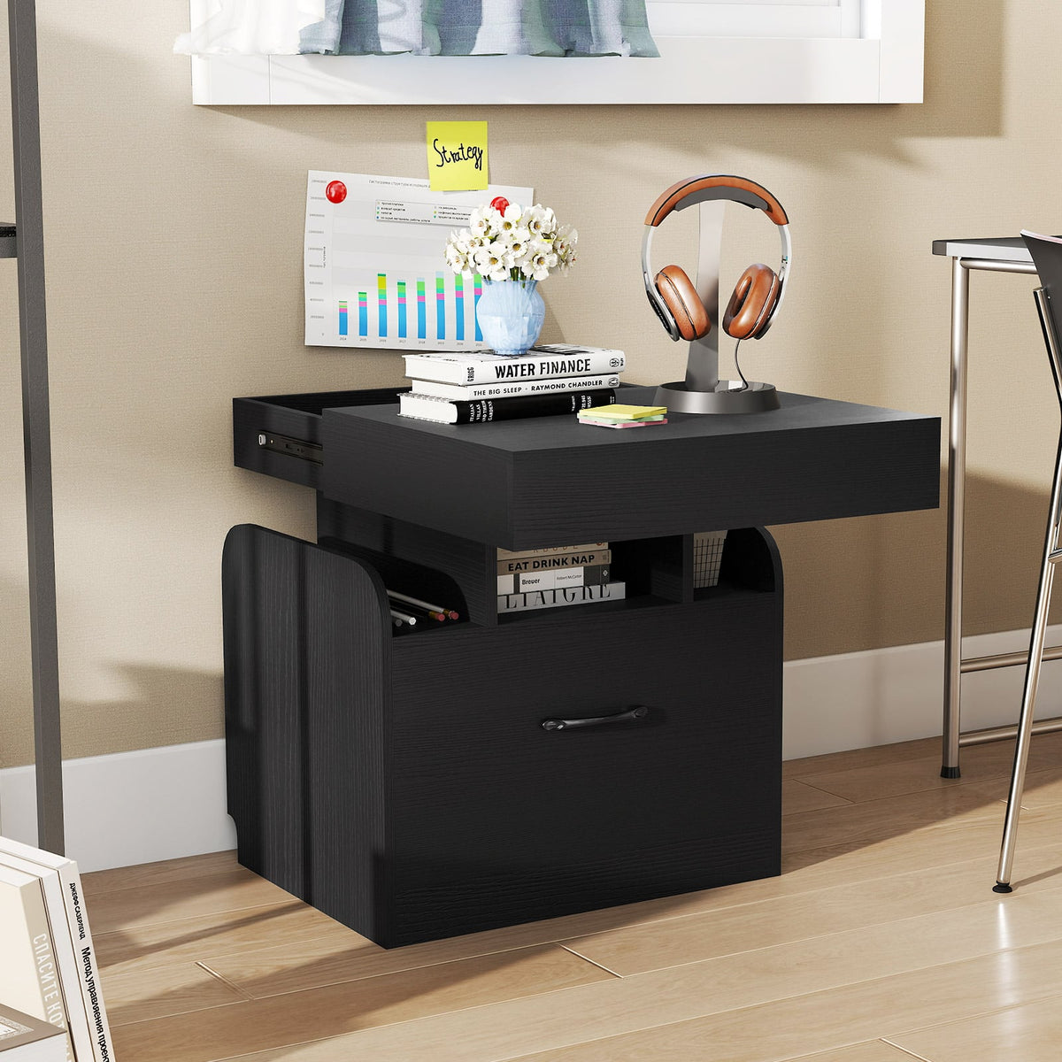 Nightstand with Charging Station Modern Bedside Table for Living Room Bedroom Office-Black-Nightstands-DECOROLALA