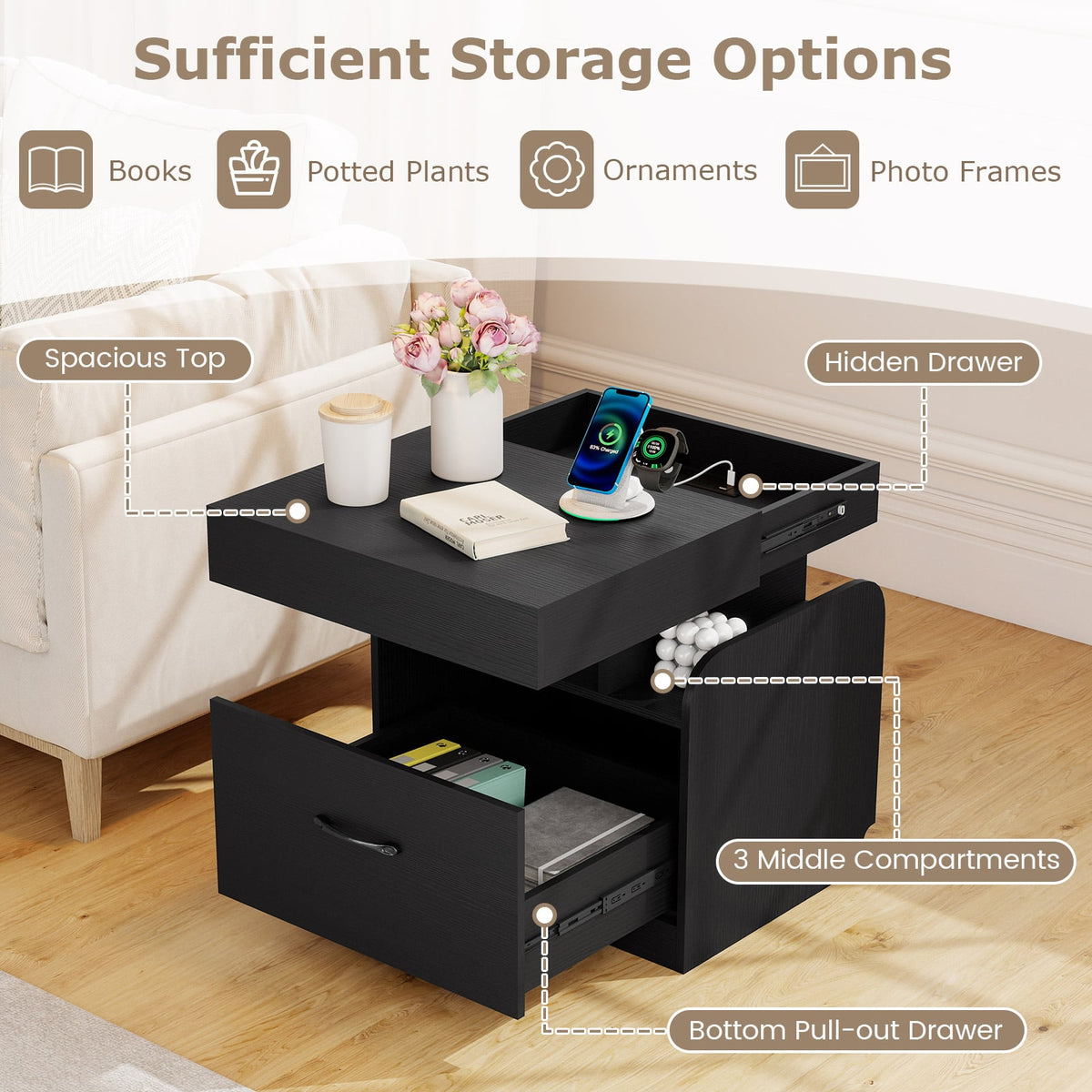 Nightstand with Charging Station Modern Bedside Table for Living Room Bedroom Office-Black-Nightstands-DECOROLALA