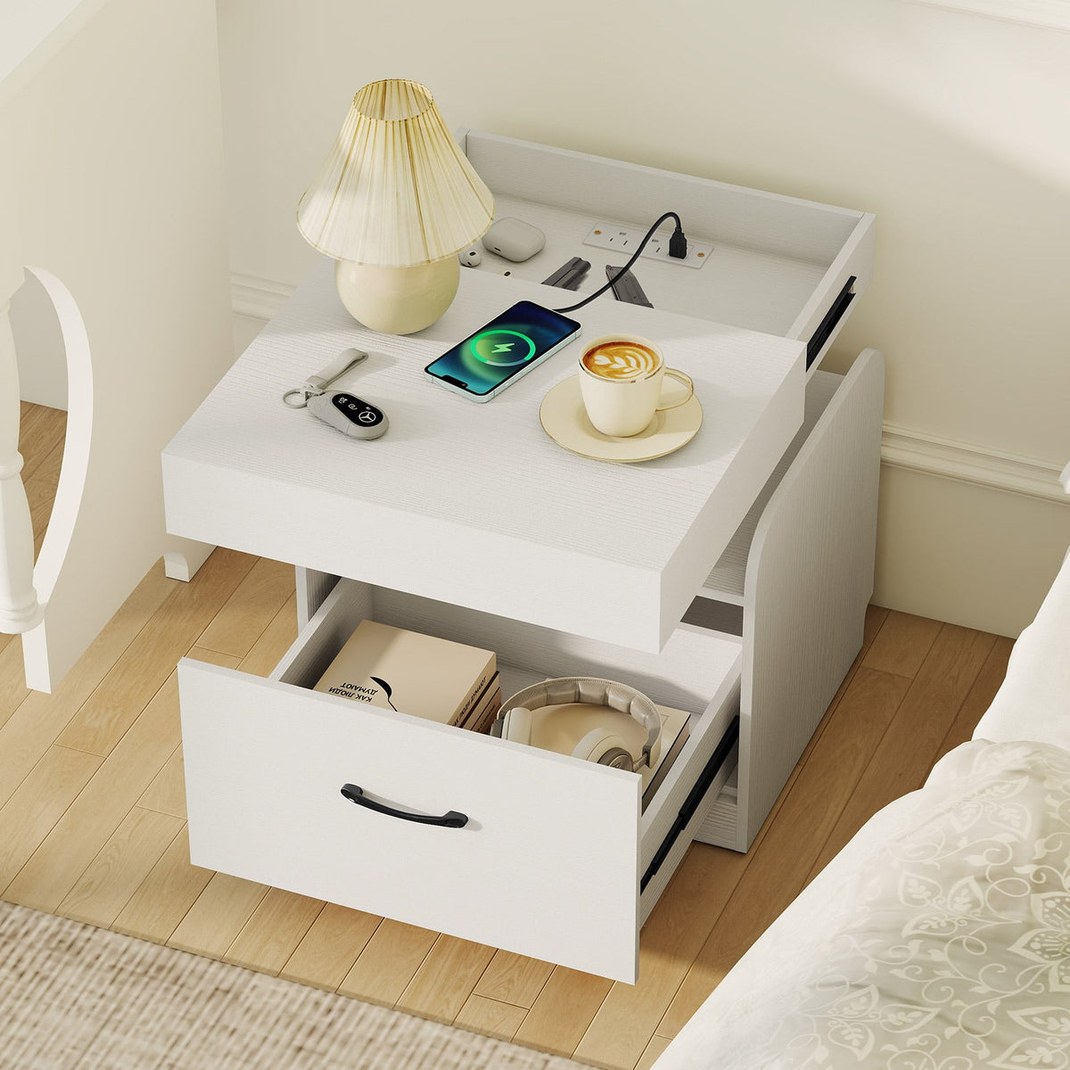 Nightstand with Charging Station Modern Bedside Table for Living Room Bedroom Office-White-Nightstands-DECOROLALA