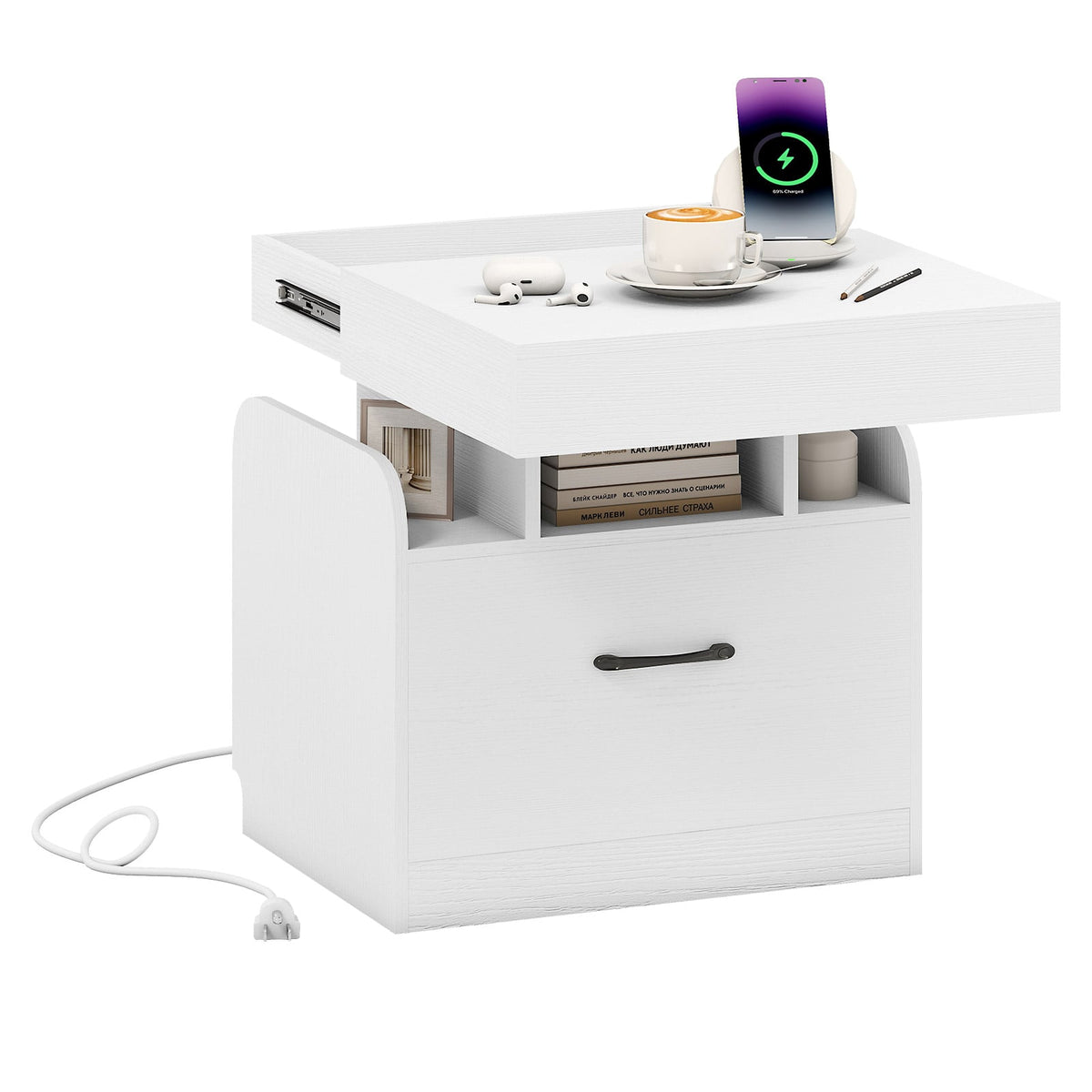 Nightstand with Charging Station Modern Bedside Table for Living Room Bedroom Office-White-Nightstands-DECOROLALA