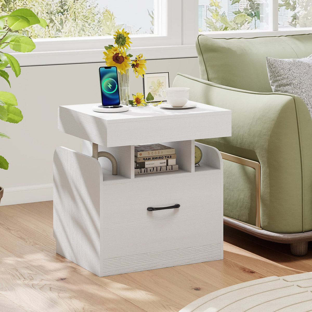 Nightstand with Charging Station Modern Bedside Table for Living Room Bedroom Office-White-Nightstands-DECOROLALA