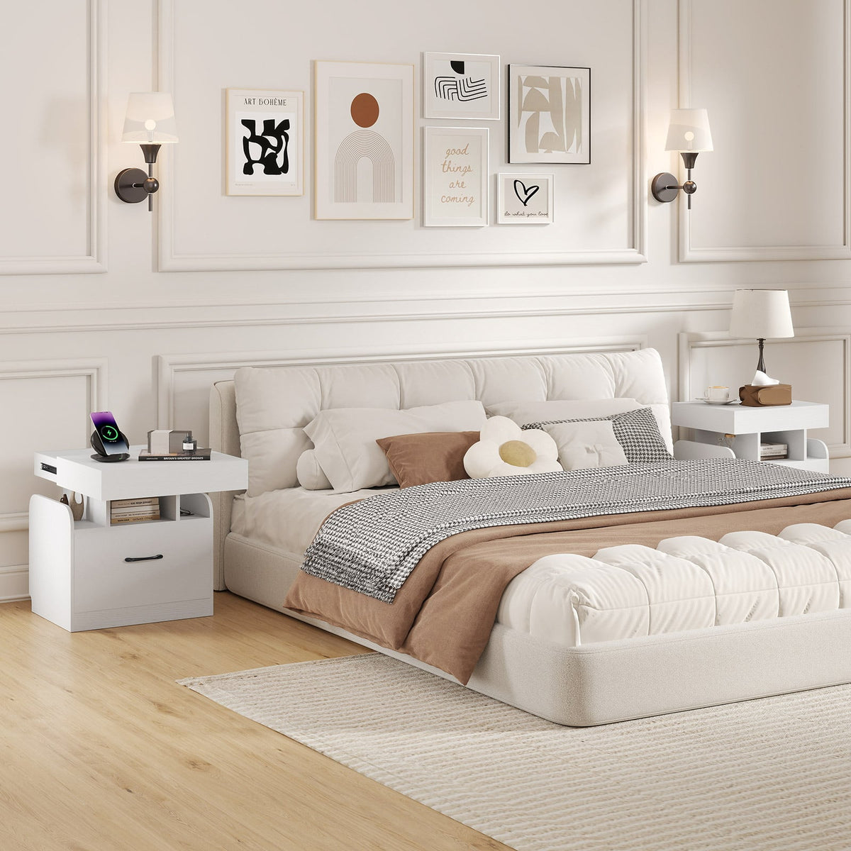 Nightstand with Charging Station Modern Bedside Table for Living Room Bedroom Office-White-Nightstands-DECOROLALA
