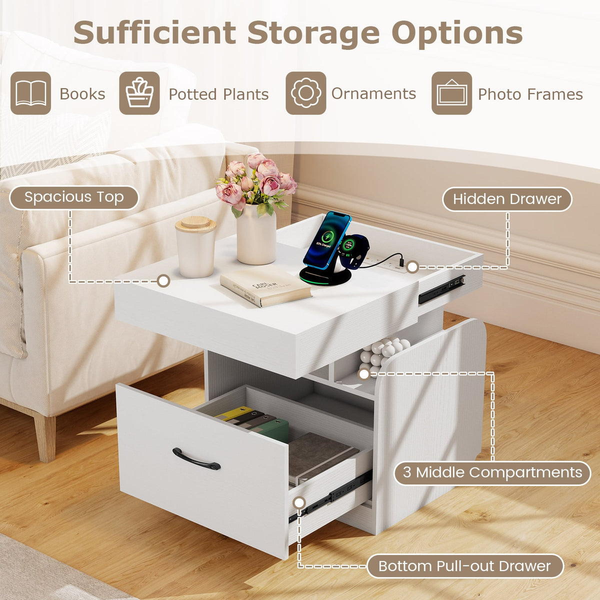 Nightstand with Charging Station Modern Bedside Table for Living Room Bedroom Office-White-Nightstands-DECOROLALA