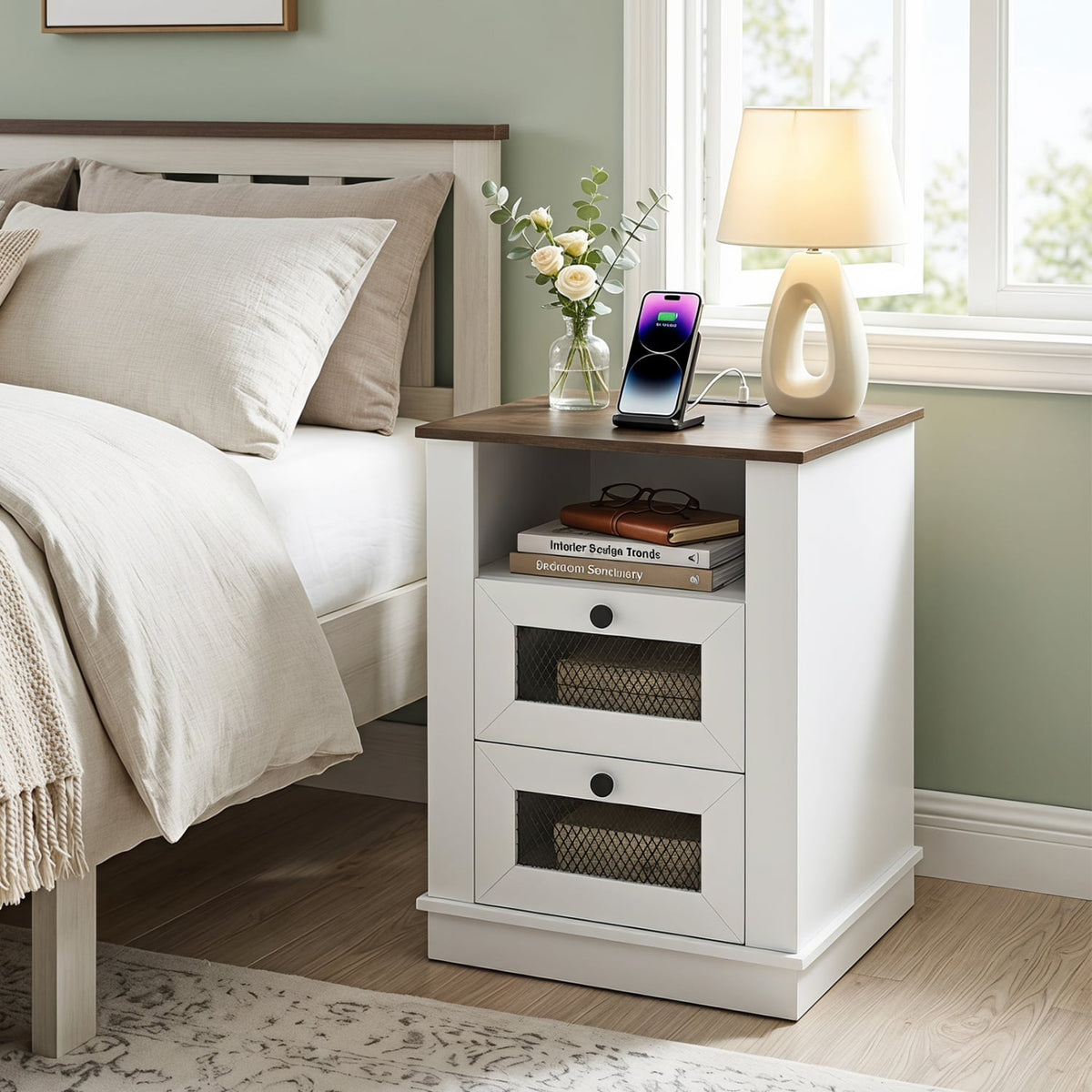 Nightstand with Charging Station and 2 Drawers Storage Compartment for Bedroom-Rustic Brown-Nightstands-DECOROLALA