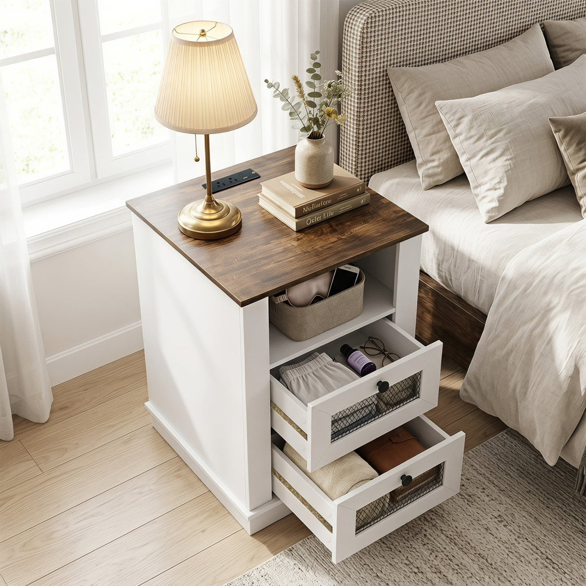 Nightstand with Charging Station and 2 Drawers Storage Compartment for Bedroom-Rustic Brown-Nightstands-DECOROLALA