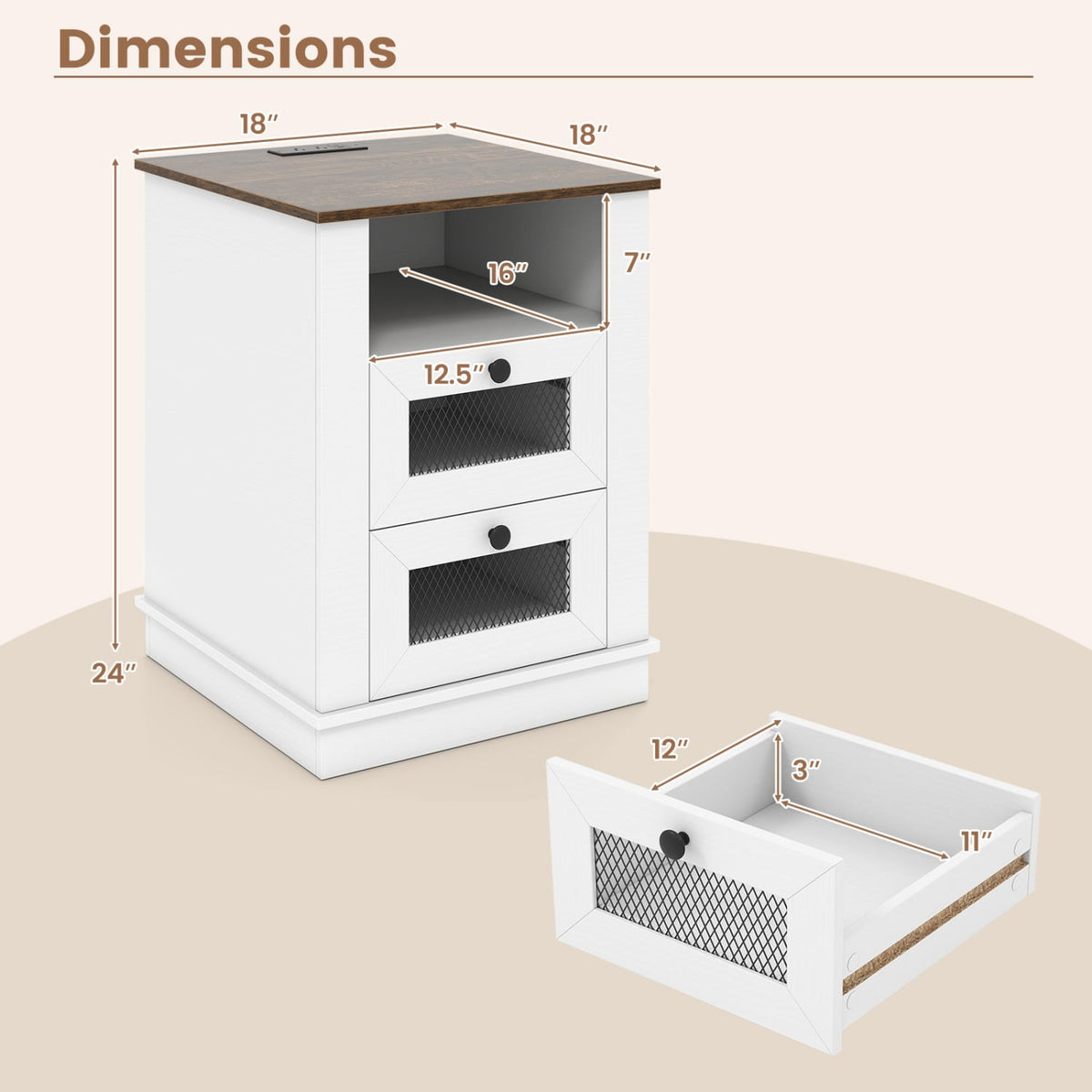 Nightstand with Charging Station and 2 Drawers Storage Compartment for Bedroom-Rustic Brown-Nightstands-DECOROLALA