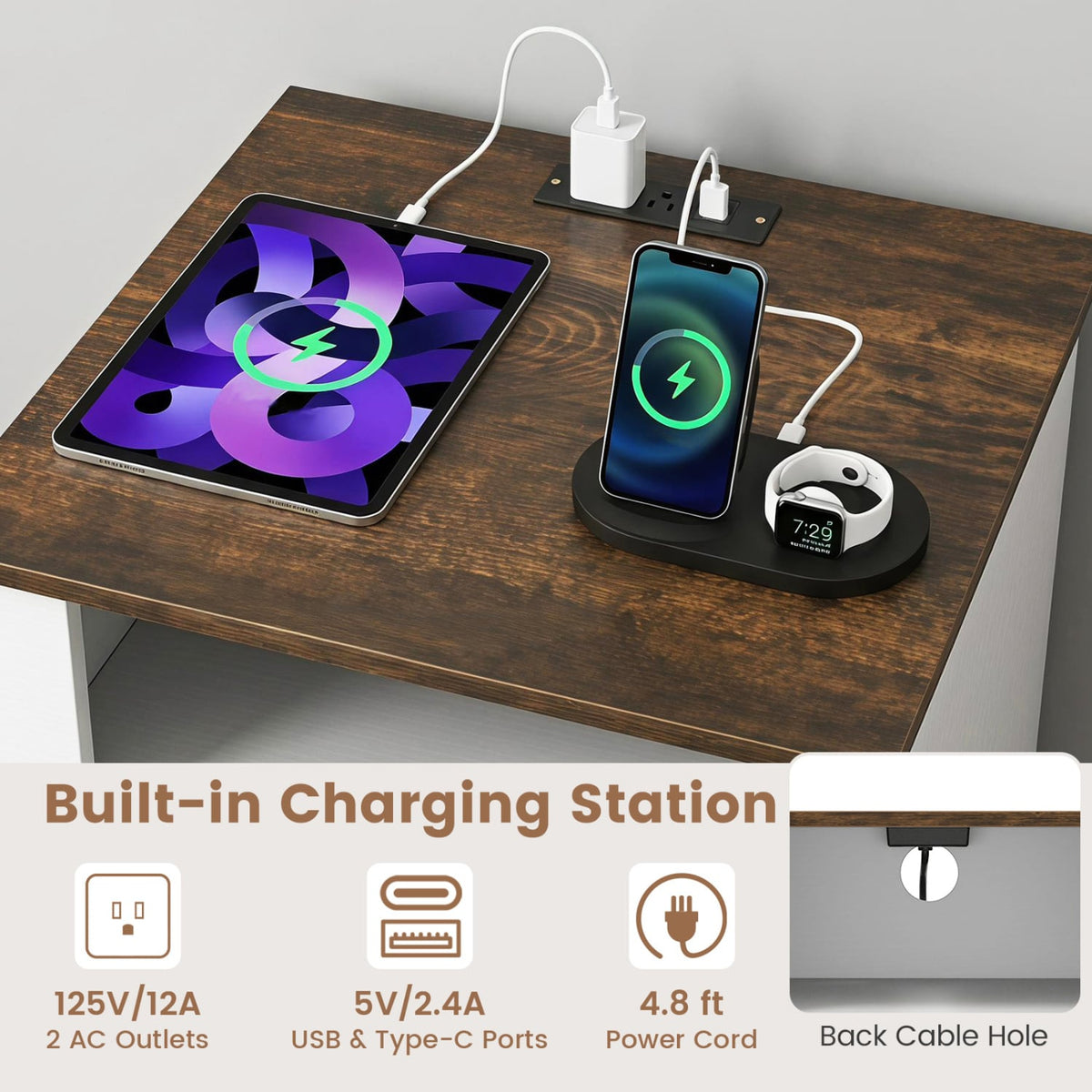 Nightstand with Charging Station and 2 Drawers Storage Compartment for Bedroom-Rustic Brown-Nightstands-DECOROLALA