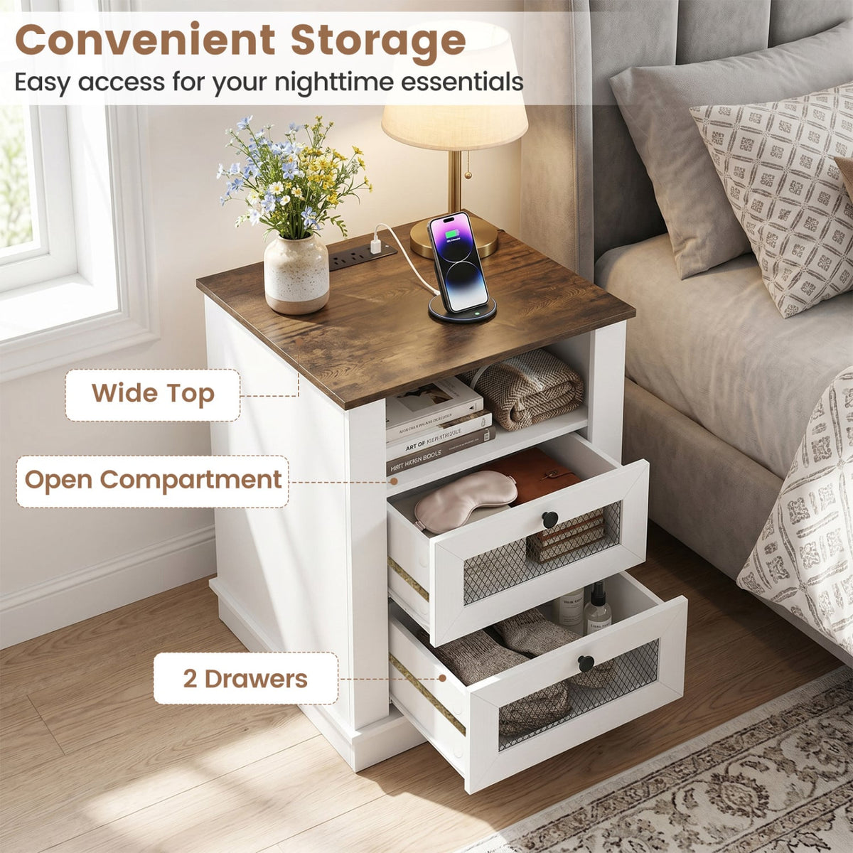 Nightstand with Charging Station and 2 Drawers Storage Compartment for Bedroom-Rustic Brown-Nightstands-DECOROLALA