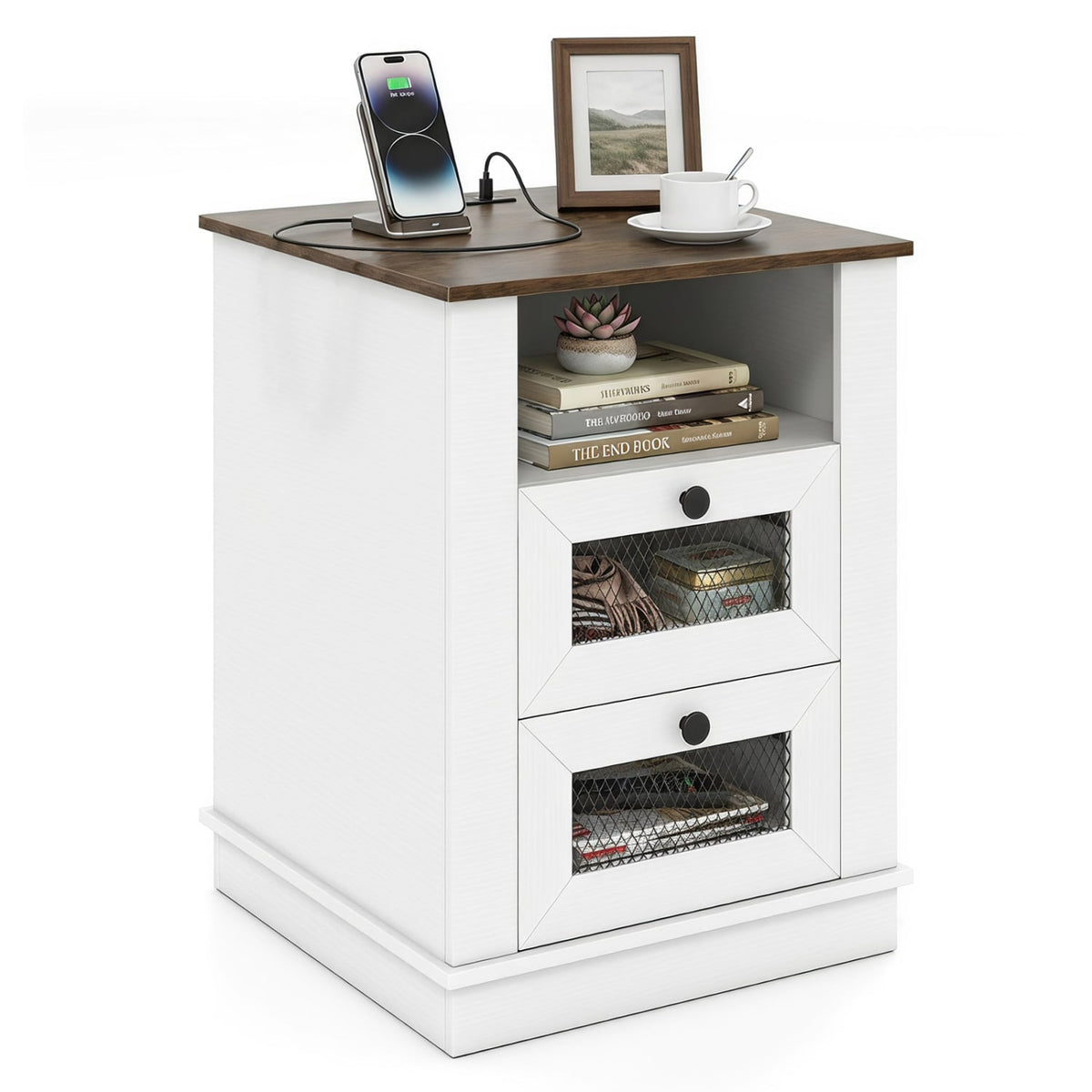 Nightstand with Charging Station and 2 Drawers Storage Compartment for Bedroom-Rustic Brown-Nightstands-DECOROLALA