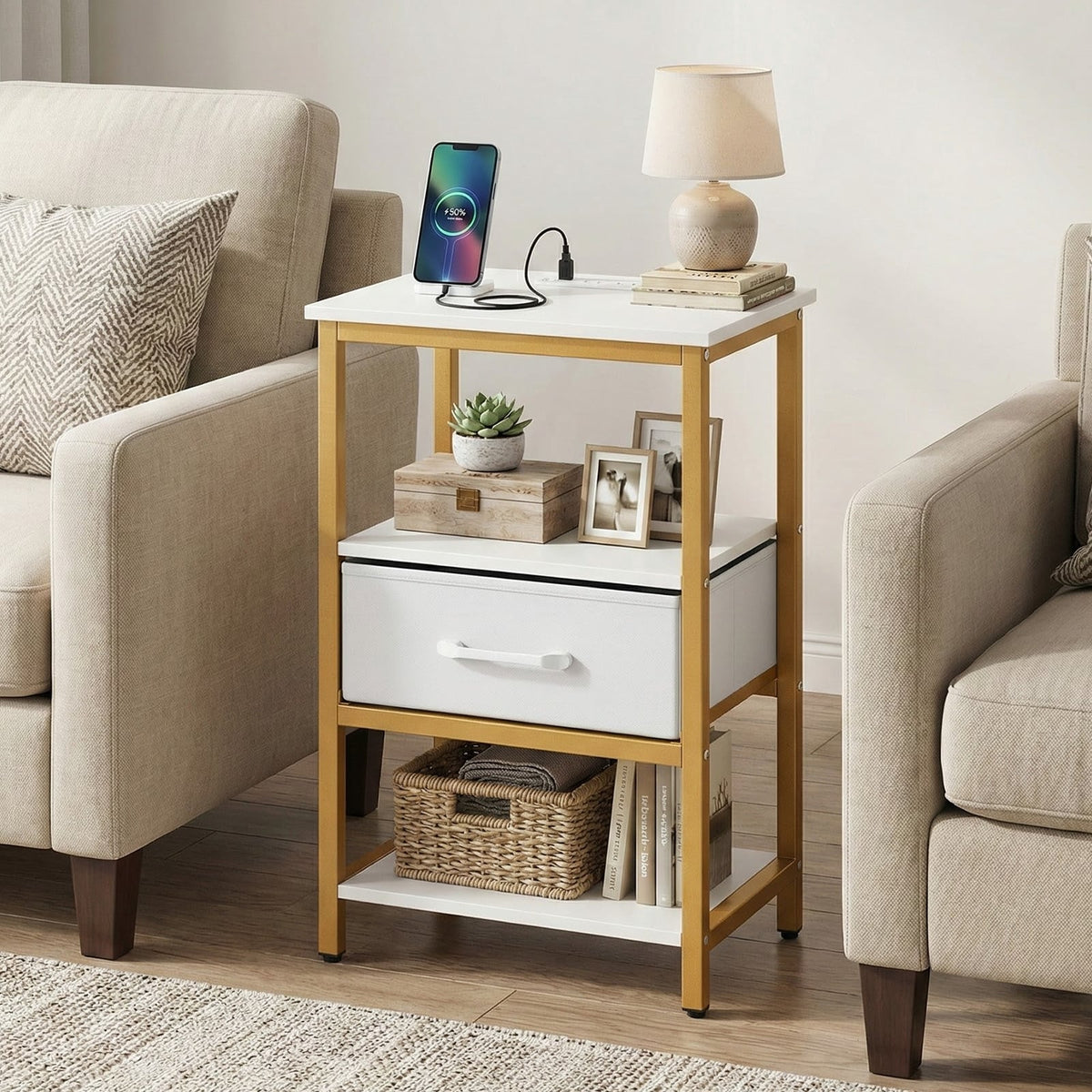 Nightstand with Charging Station and Adjustable Fabric Drawer for Bedroom and Living Room-1 Piece-Nightstands-DECOROLALA