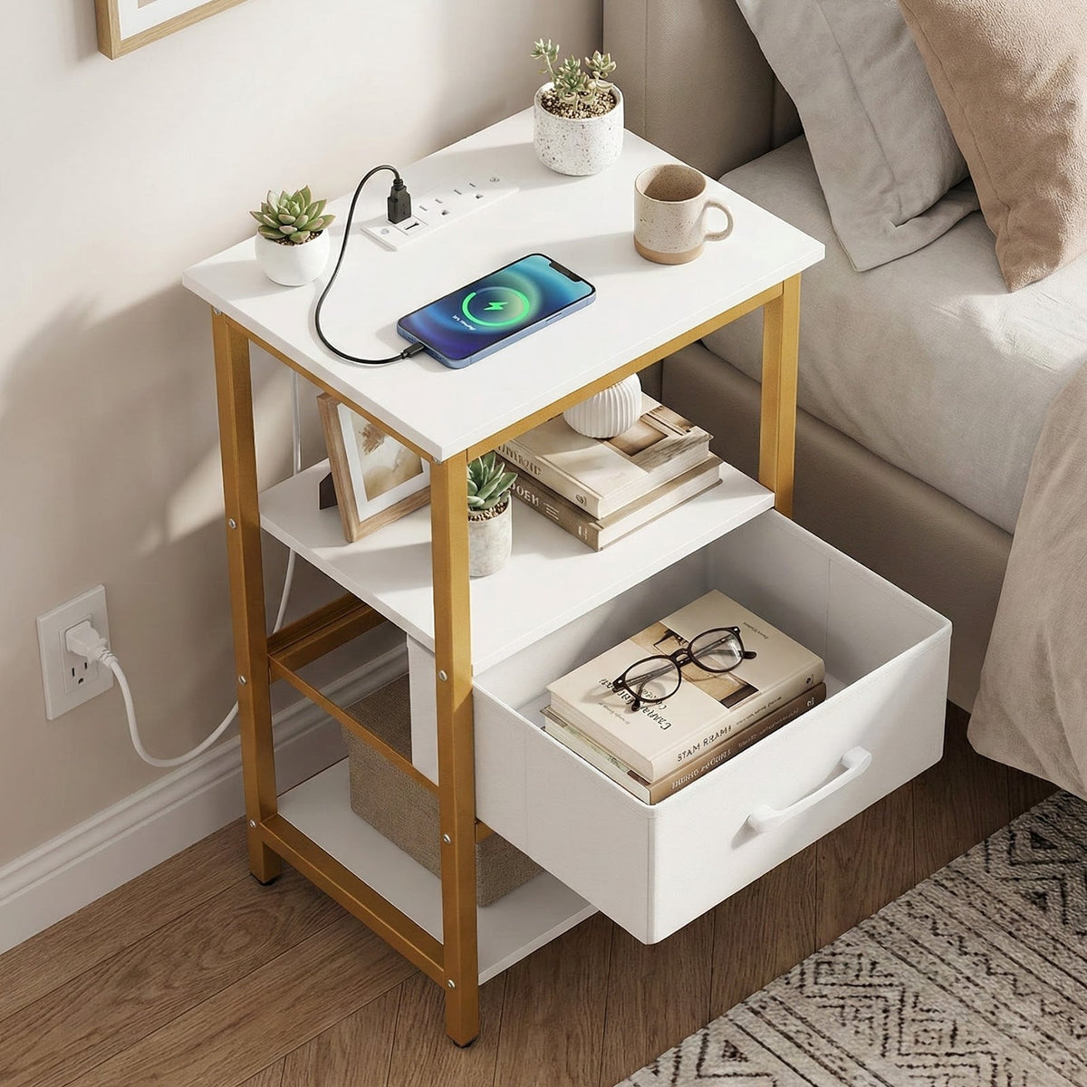 Nightstand with Charging Station and Adjustable Fabric Drawer for Bedroom and Living Room-1 Piece-Nightstands-DECOROLALA