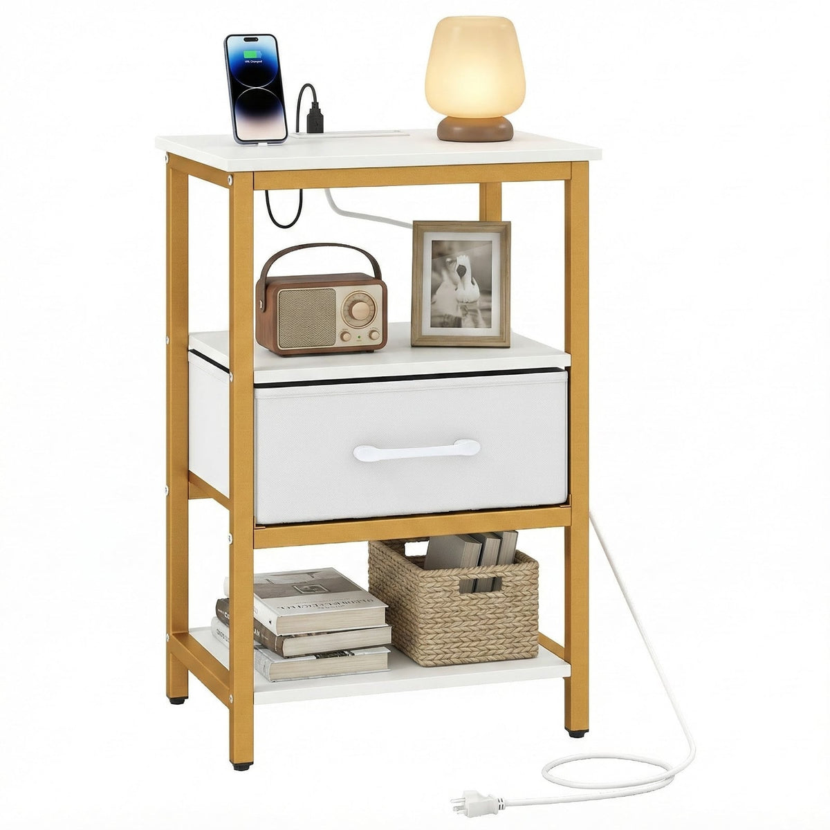 Nightstand with Charging Station and Adjustable Fabric Drawer for Bedroom and Living Room-1 Piece-Nightstands-DECOROLALA