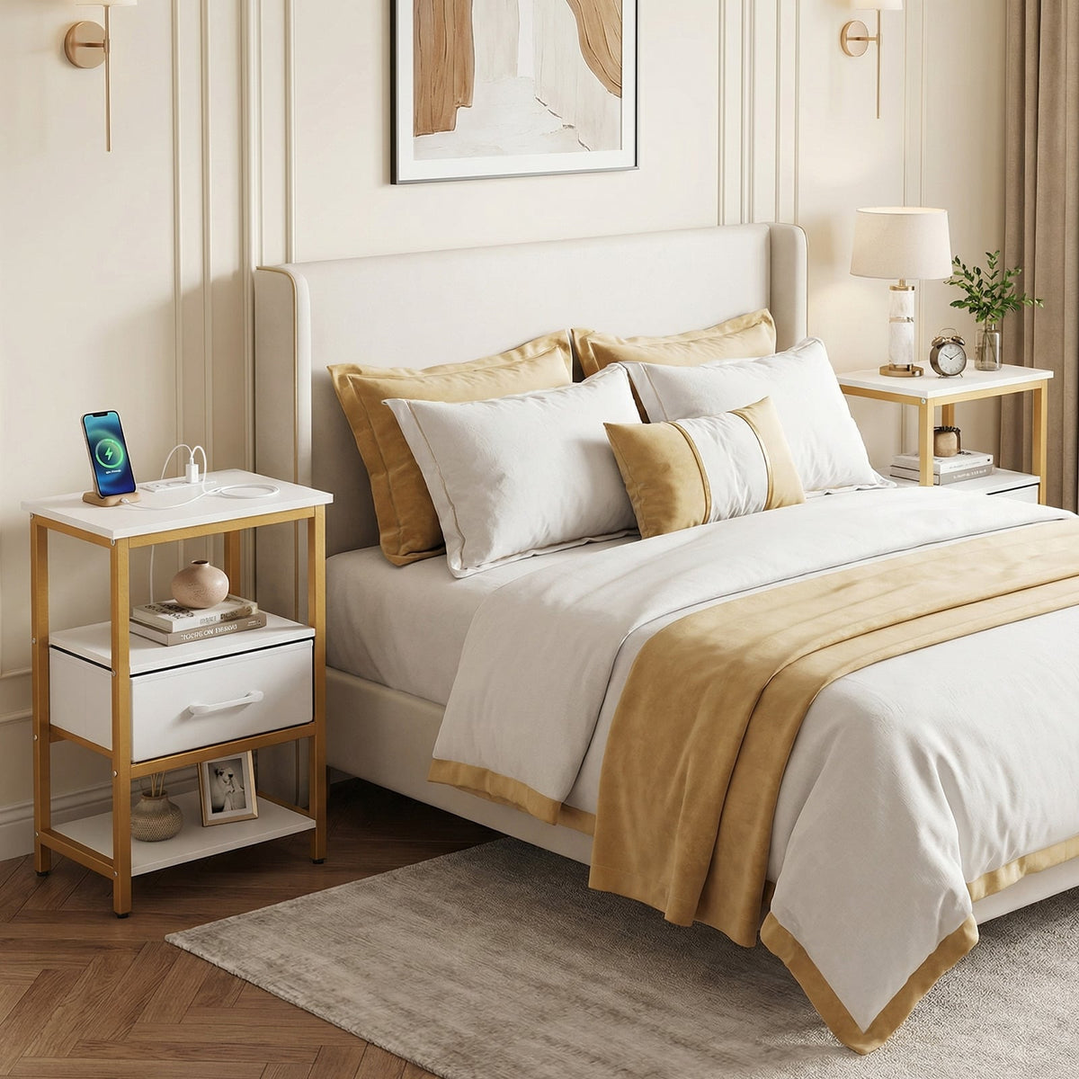 Nightstand with Charging Station and Adjustable Fabric Drawer for Bedroom and Living Room-Set of 2-Nightstands-DECOROLALA