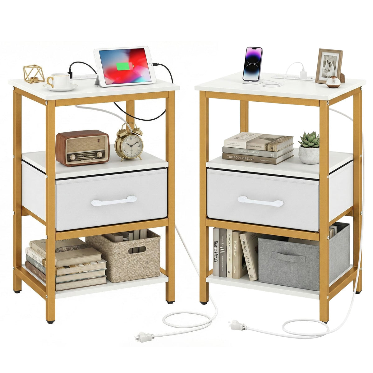 Nightstand with Charging Station and Adjustable Fabric Drawer for Bedroom and Living Room-Set of 2-Nightstands-DECOROLALA