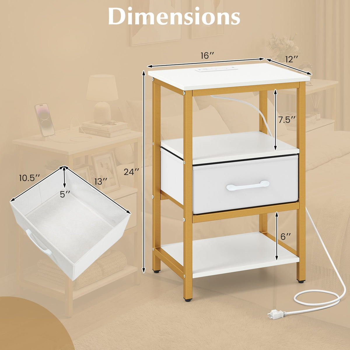 Nightstand with Charging Station and Adjustable Fabric Drawer for Bedroom and Living Room-Set of 2-Nightstands-DECOROLALA
