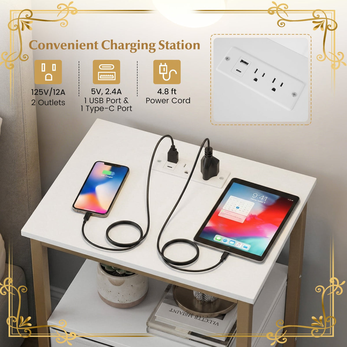 Nightstand with Charging Station and Adjustable Fabric Drawer for Bedroom and Living Room-Set of 2-Nightstands-DECOROLALA