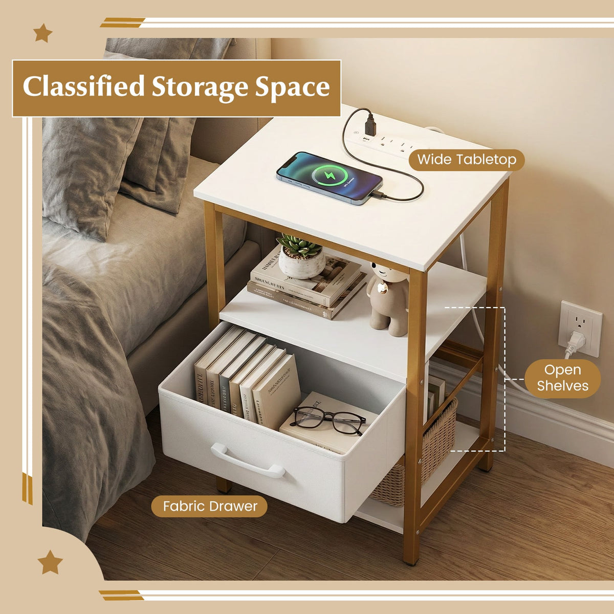 Nightstand with Charging Station and Adjustable Fabric Drawer for Bedroom and Living Room-Set of 2-Nightstands-DECOROLALA