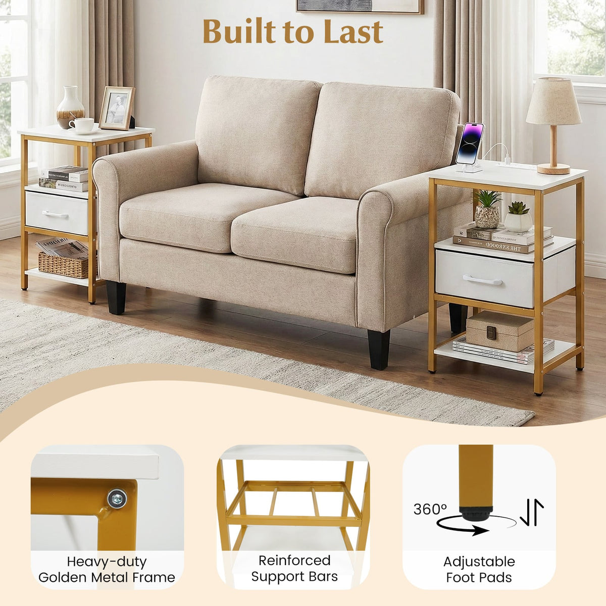 Nightstand with Charging Station and Adjustable Fabric Drawer for Bedroom and Living Room-Set of 2-Nightstands-DECOROLALA