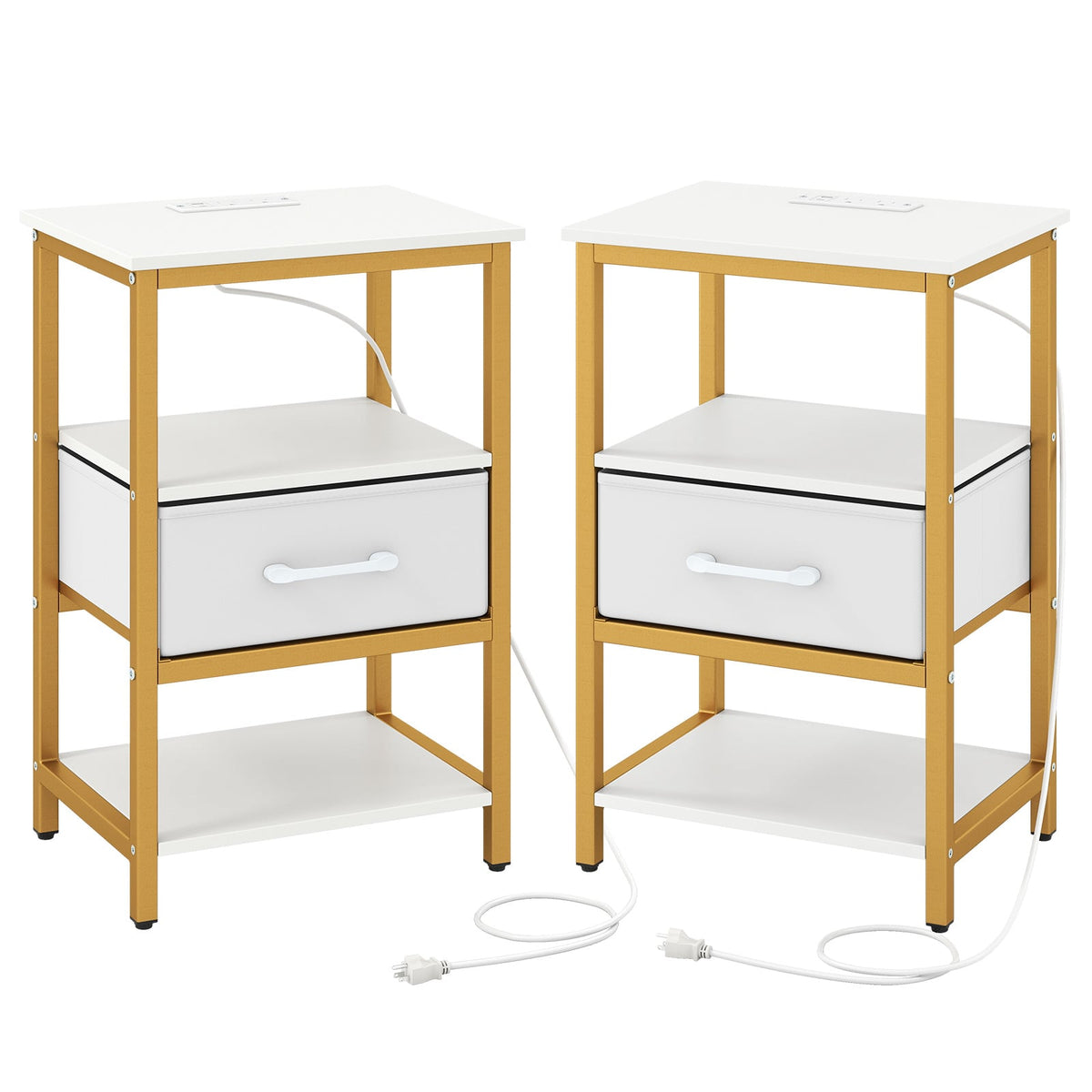 Nightstand with Charging Station and Adjustable Fabric Drawer for Bedroom and Living Room-Set of 2-Nightstands-DECOROLALA