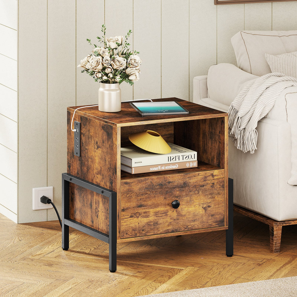Nightstand with Charging Station and Drawer Sofa Side Table-Rustic Brown-Nightstands-DECOROLALA