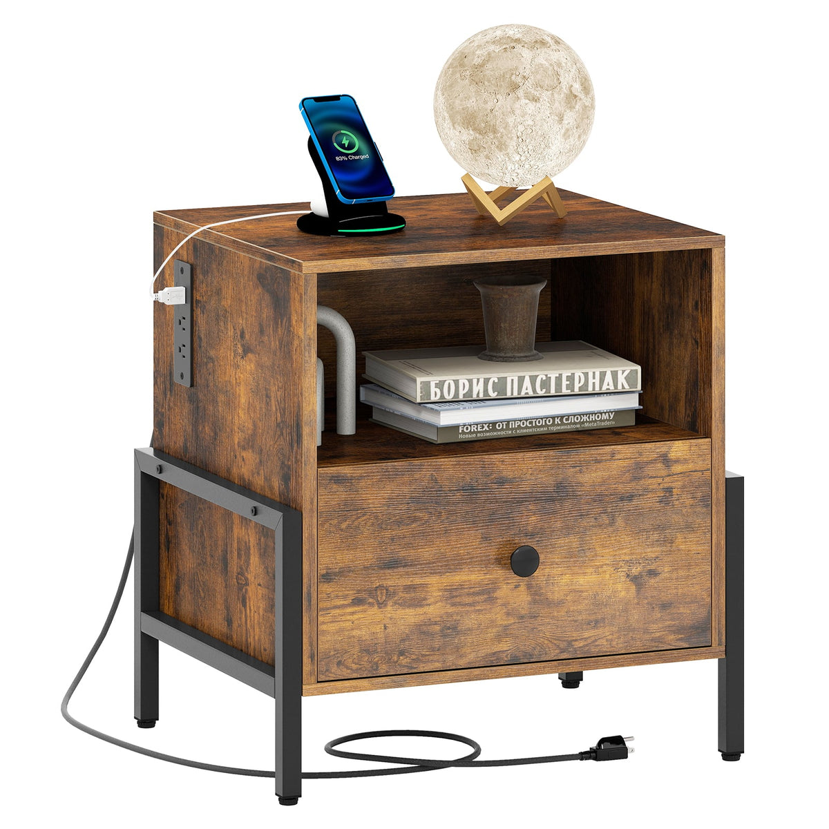 Nightstand with Charging Station and Drawer Sofa Side Table-Rustic Brown-Nightstands-DECOROLALA
