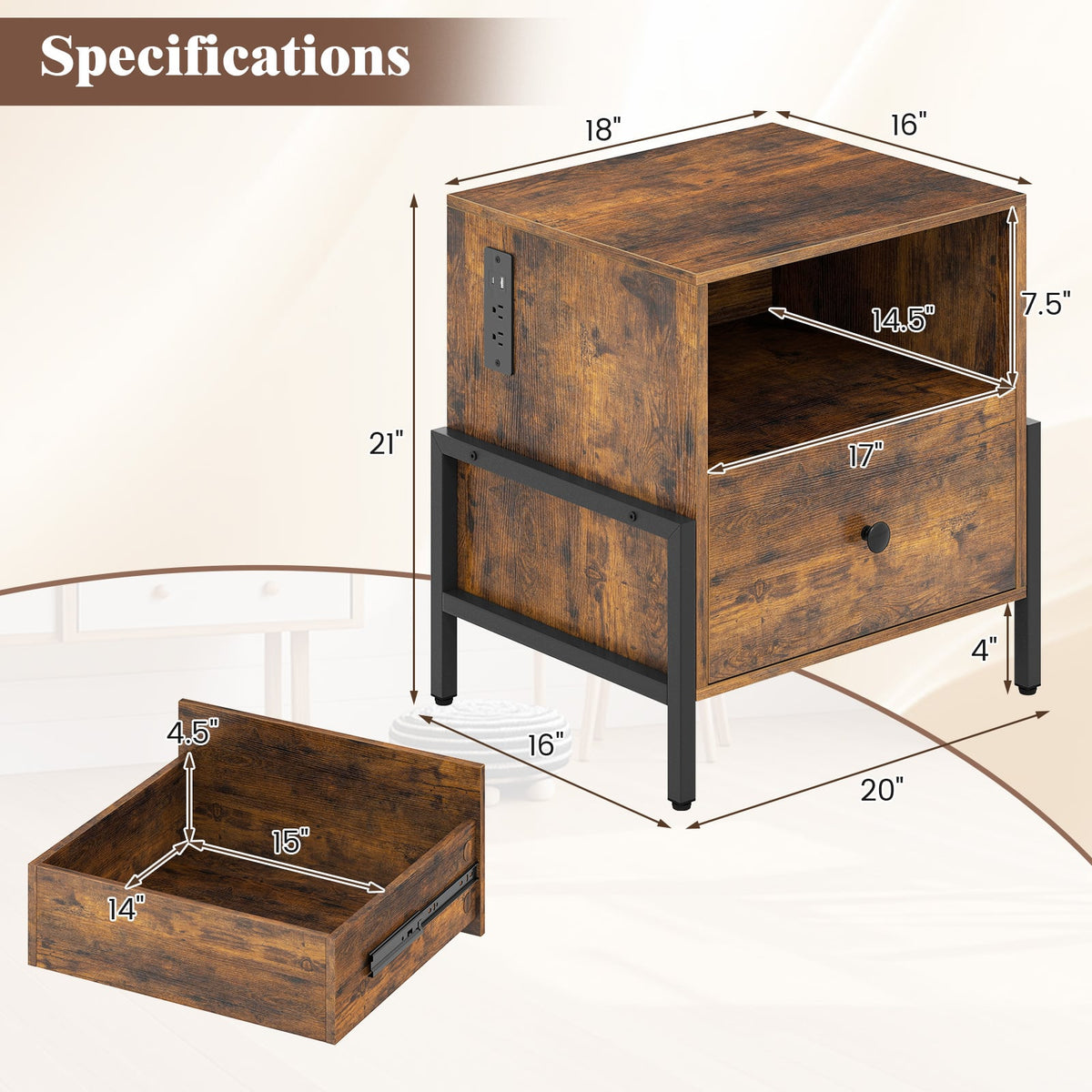 Nightstand with Charging Station and Drawer Sofa Side Table-Rustic Brown-Nightstands-DECOROLALA
