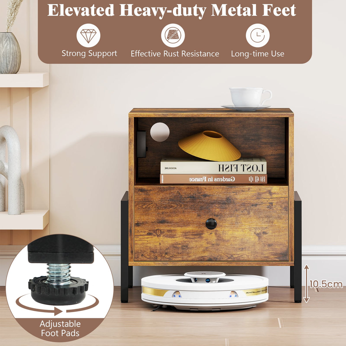 Nightstand with Charging Station and Drawer Sofa Side Table-Rustic Brown-Nightstands-DECOROLALA