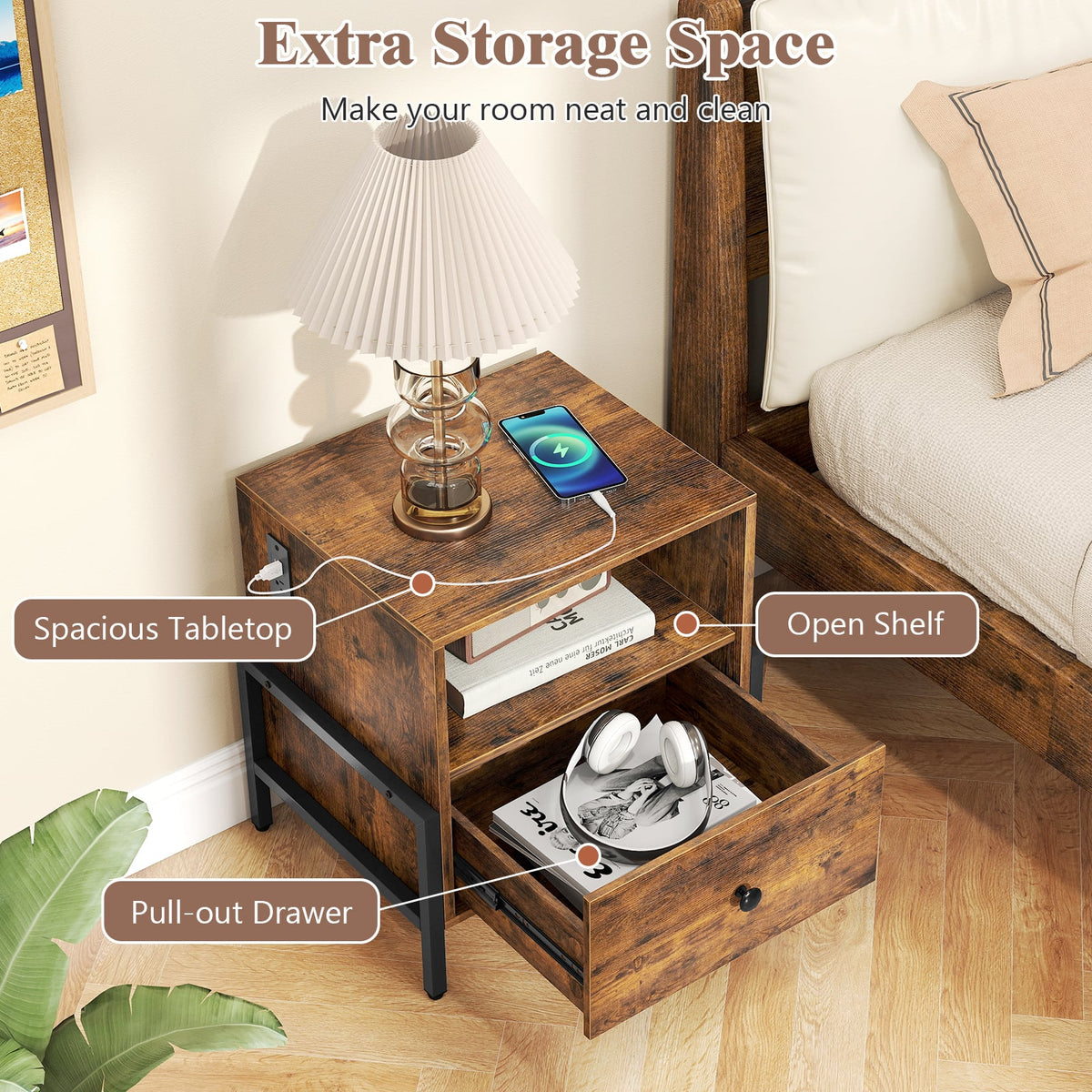 Nightstand with Charging Station and Drawer Sofa Side Table-Rustic Brown-Nightstands-DECOROLALA