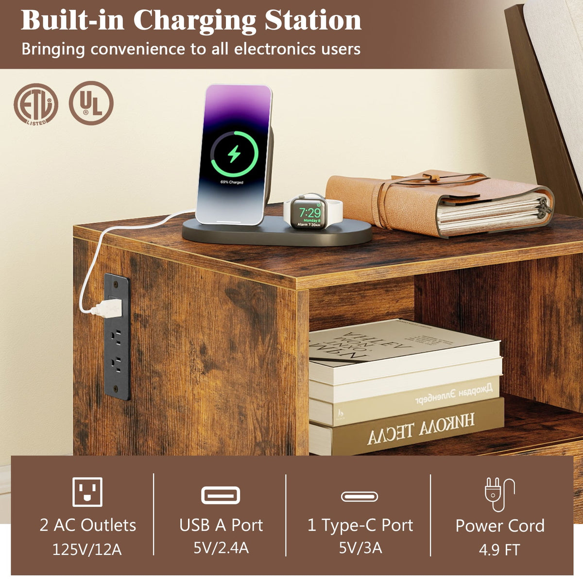 Nightstand with Charging Station and Drawer Sofa Side Table-Rustic Brown-Nightstands-DECOROLALA