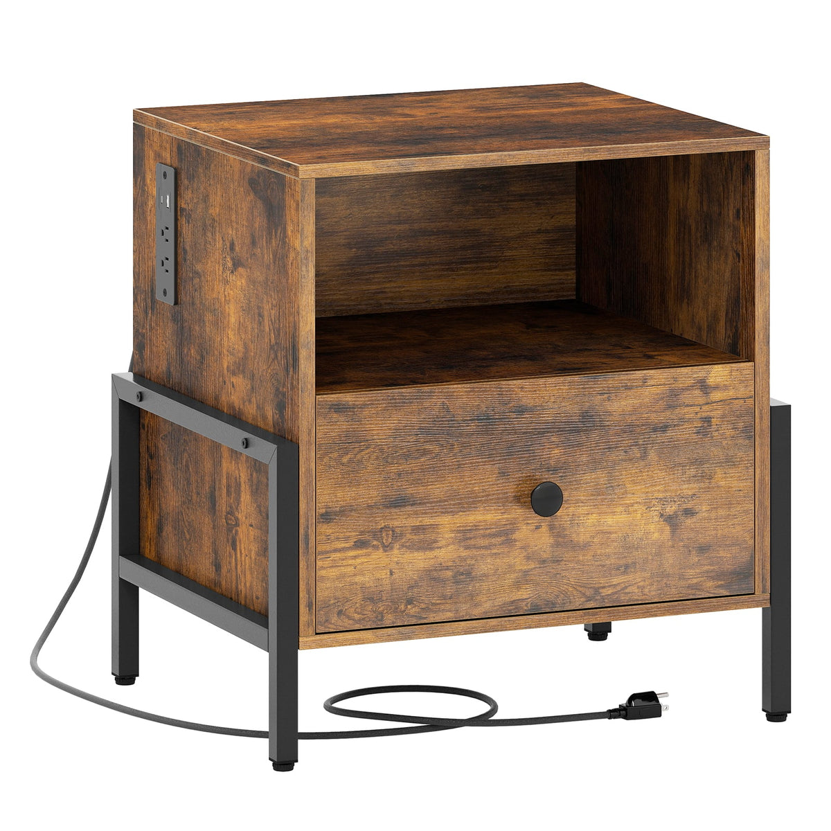 Nightstand with Charging Station and Drawer Sofa Side Table-Rustic Brown-Nightstands-DECOROLALA