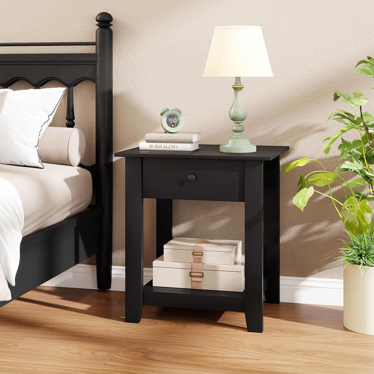 Nightstand with Drawer 3-Tier Modern Bedside Table with Open Shelf and Storage-Black-Nightstands-DECOROLALA