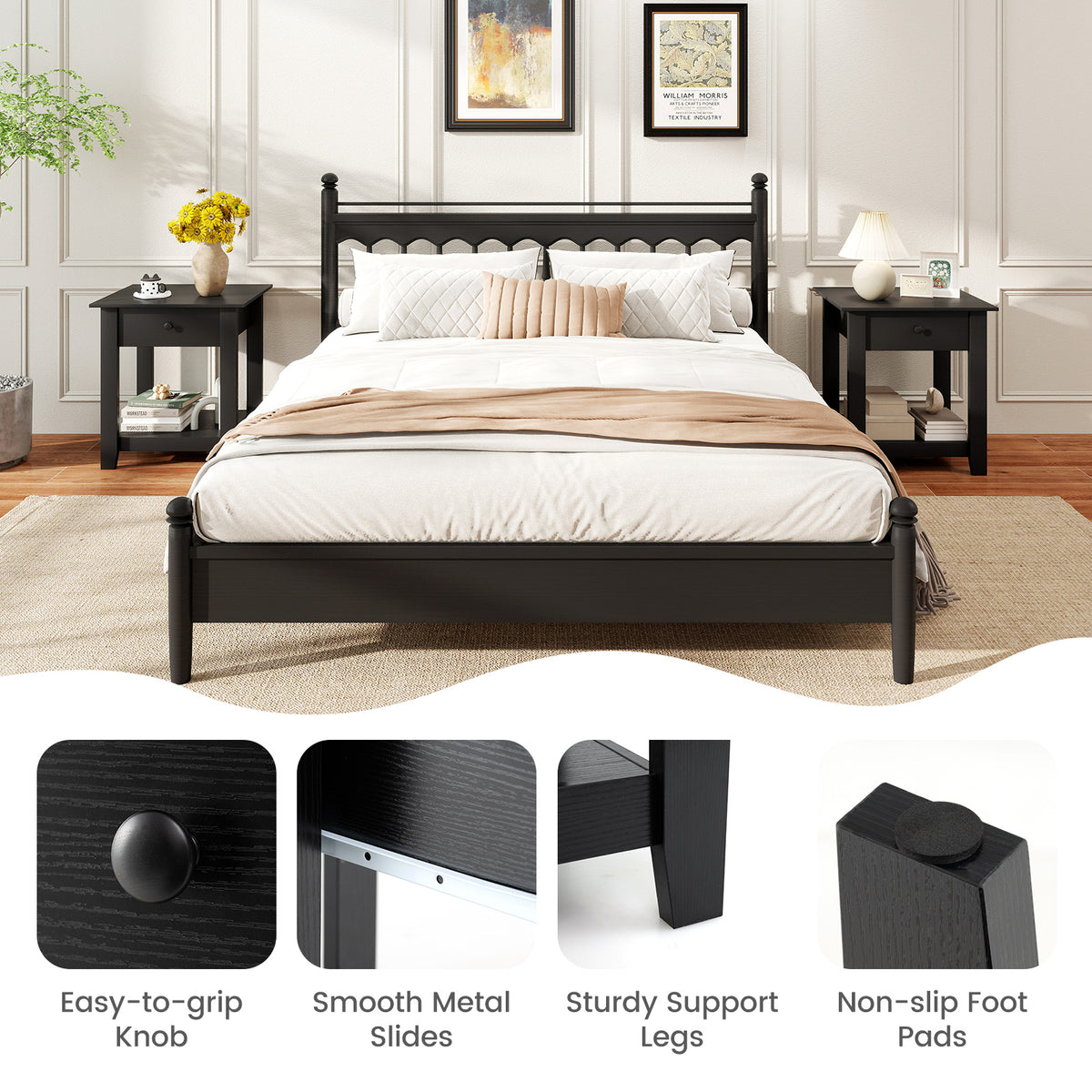 Nightstand with Drawer 3-Tier Modern Bedside Table with Open Shelf and Storage-Black-Nightstands-DECOROLALA
