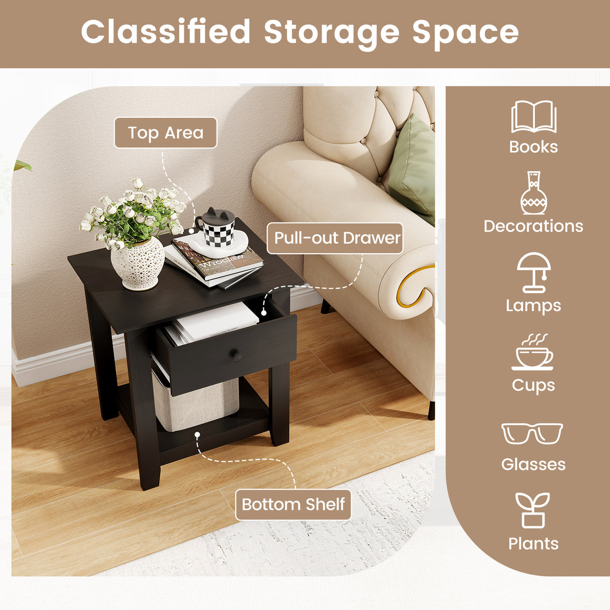 Nightstand with Drawer 3-Tier Modern Bedside Table with Open Shelf and Storage-Black-Nightstands-DECOROLALA