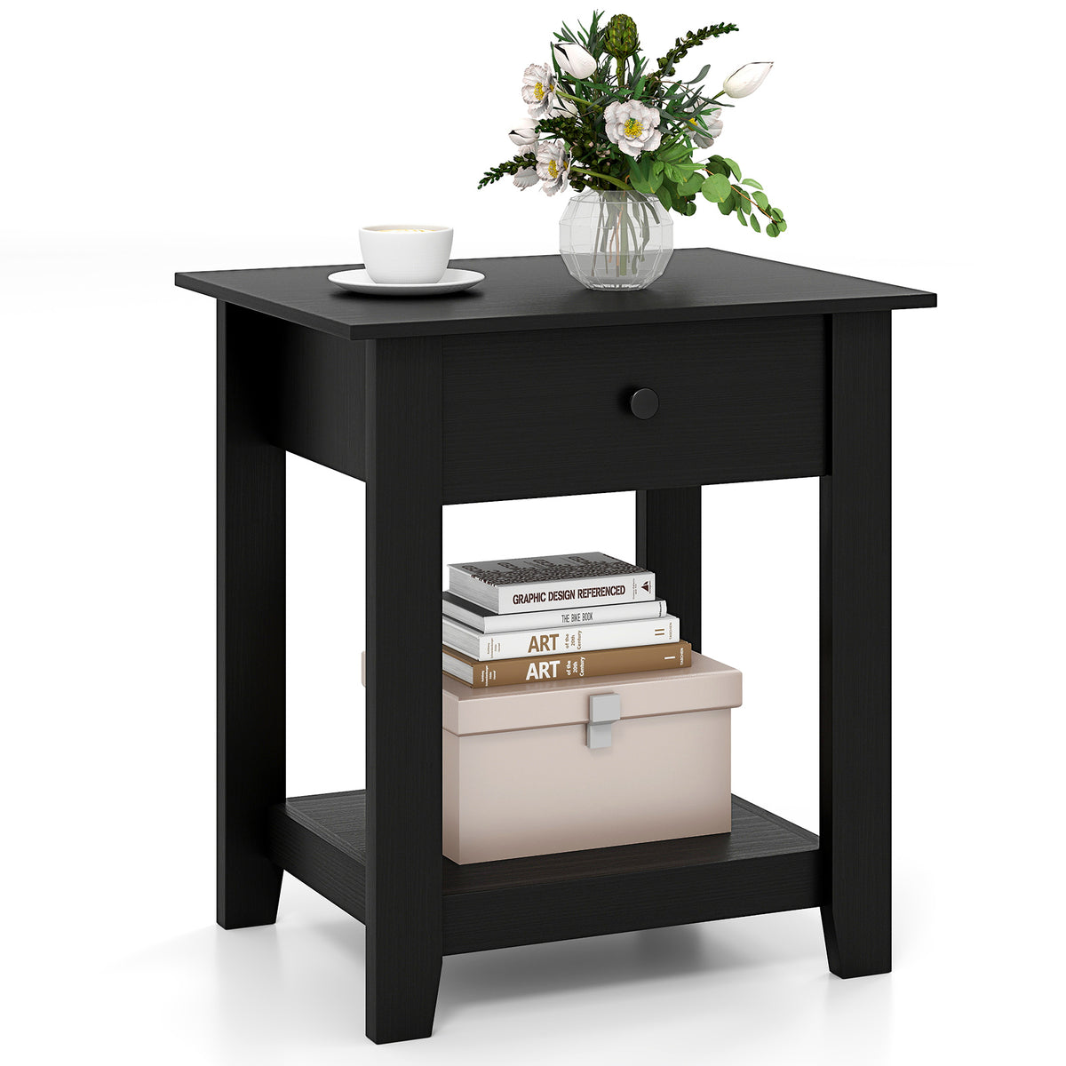 Nightstand with Drawer 3-Tier Modern Bedside Table with Open Shelf and Storage-Black-Nightstands-DECOROLALA