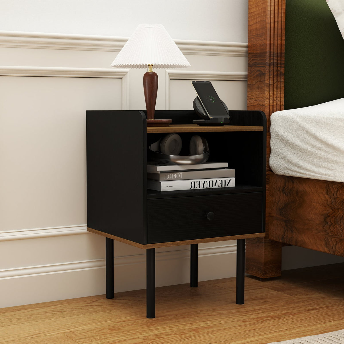 Nightstand with Drawer 3-Tier Sofa Side Table with Open Storage Shelf-Black-Nightstands-DECOROLALA