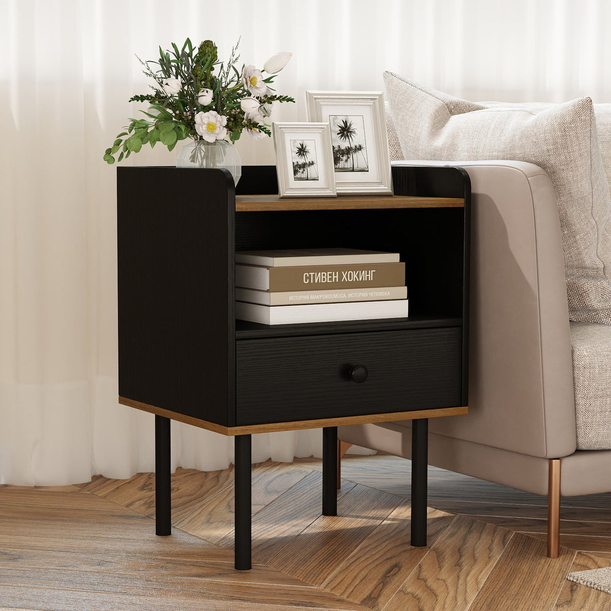 Nightstand with Drawer 3-Tier Sofa Side Table with Open Storage Shelf-Black-Nightstands-DECOROLALA