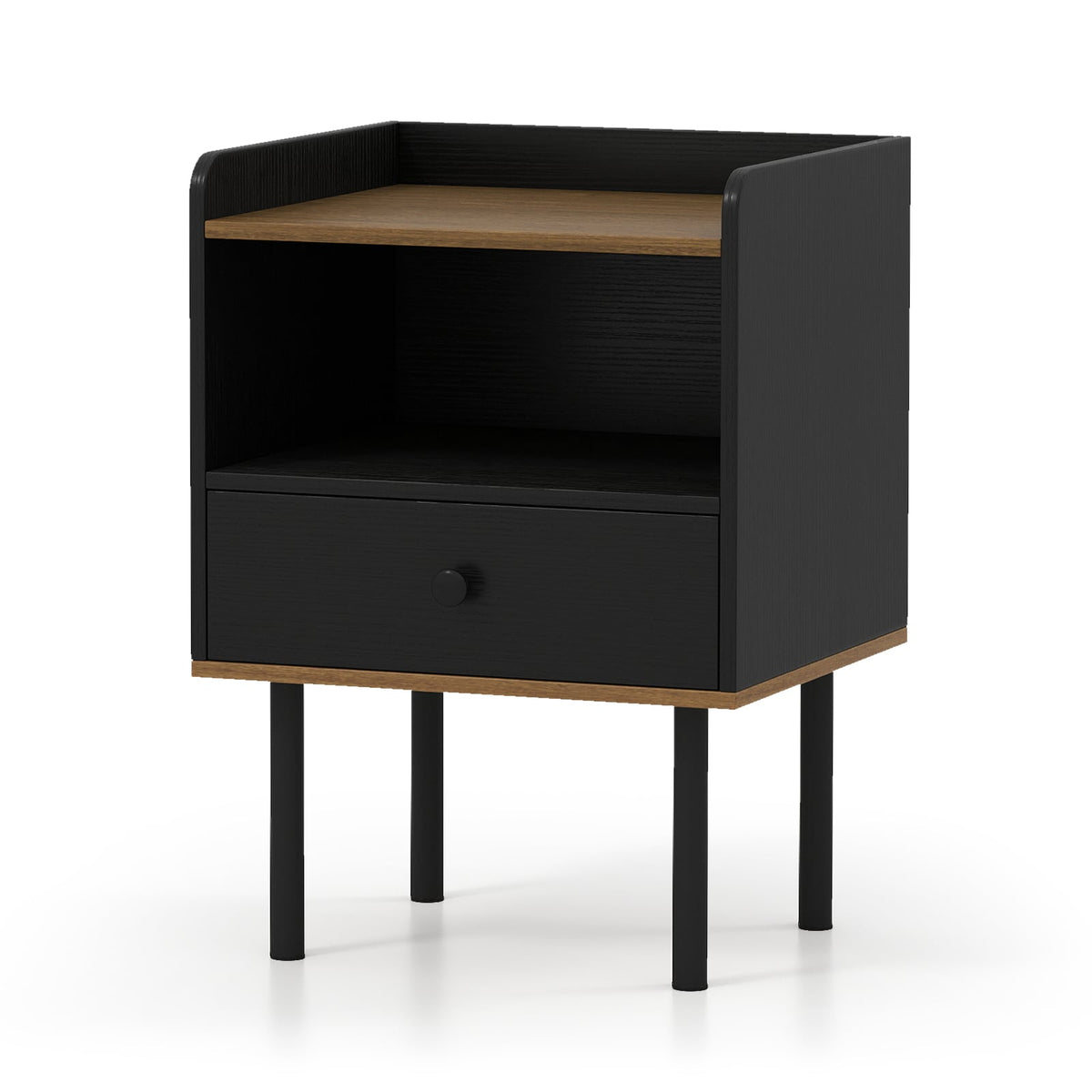 Nightstand with Drawer 3-Tier Sofa Side Table with Open Storage Shelf-Black-Nightstands-DECOROLALA