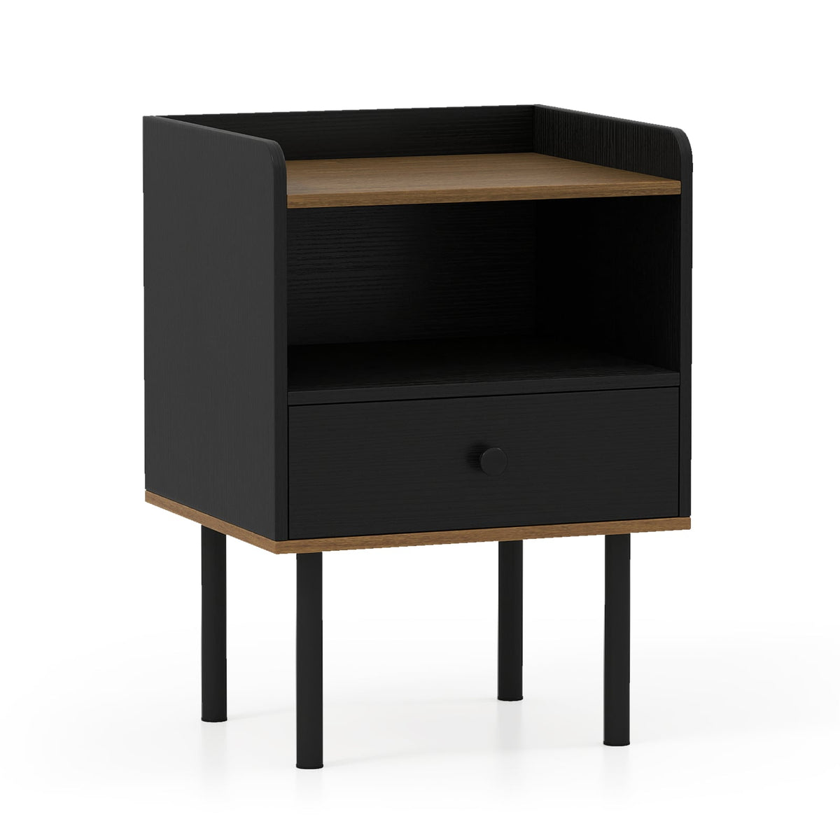 Nightstand with Drawer 3-Tier Sofa Side Table with Open Storage Shelf-Black-Nightstands-DECOROLALA