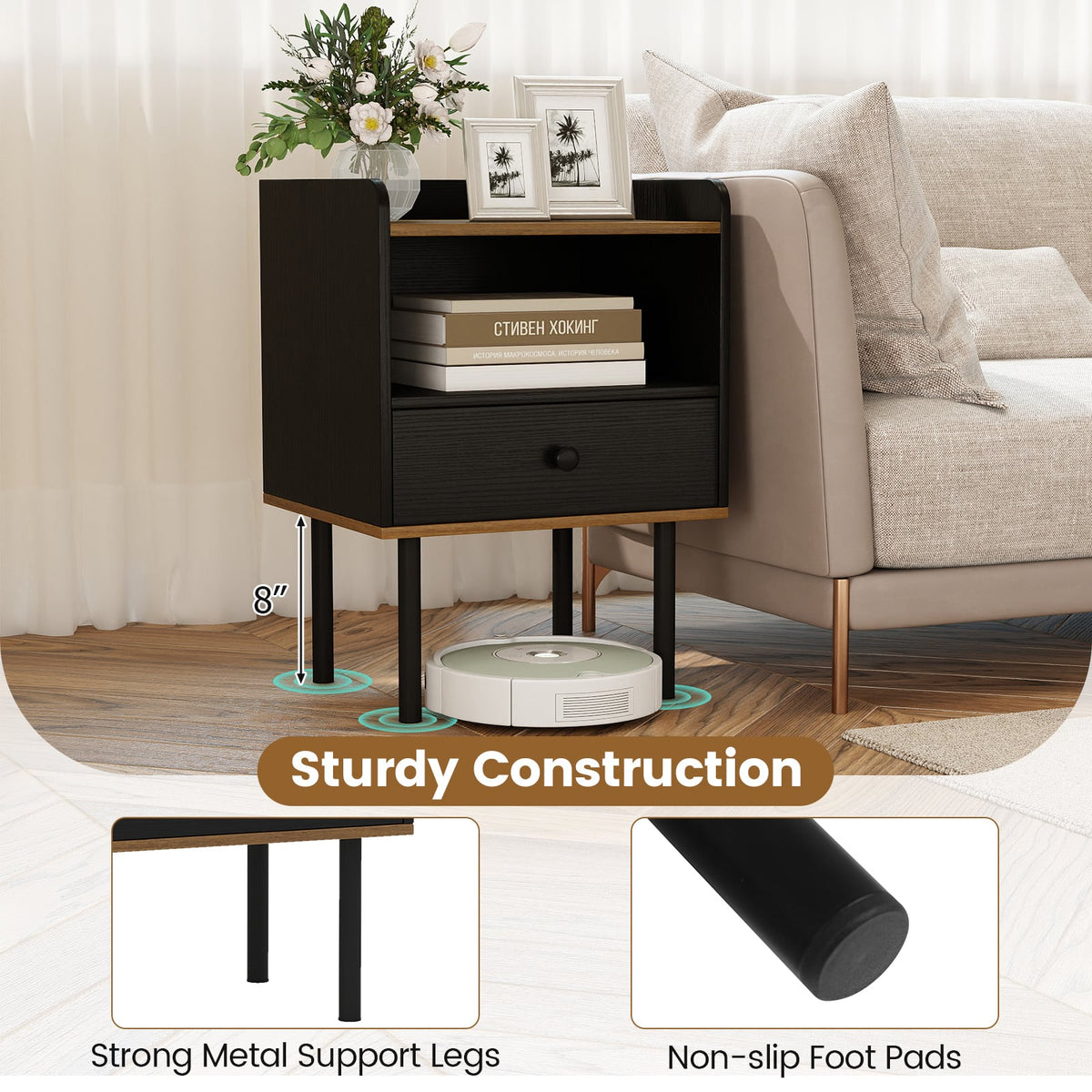 Nightstand with Drawer 3-Tier Sofa Side Table with Open Storage Shelf-Black-Nightstands-DECOROLALA